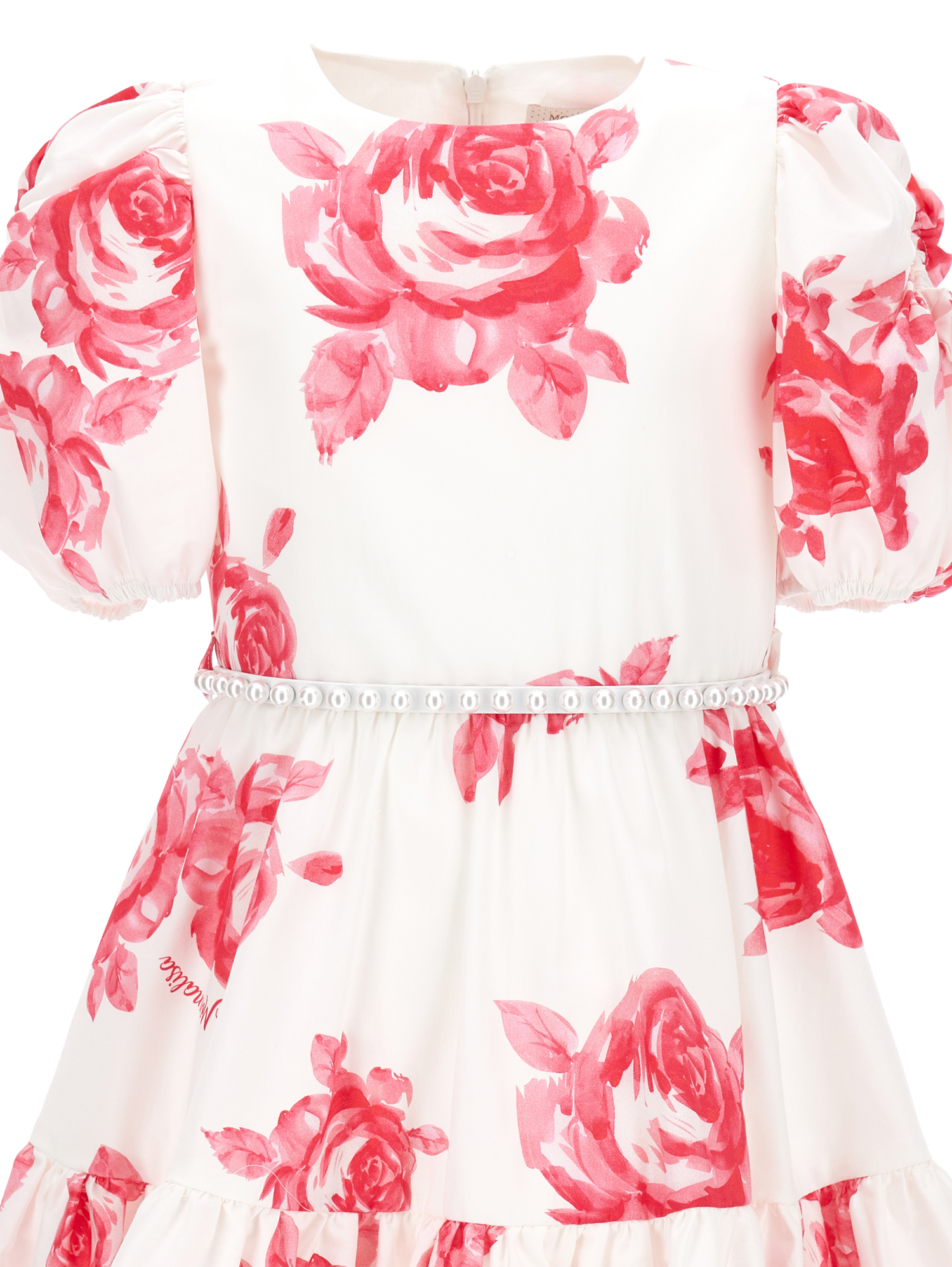 Shop Monnalisa Rose Print Cotton Dress In Cream + Fuchsia