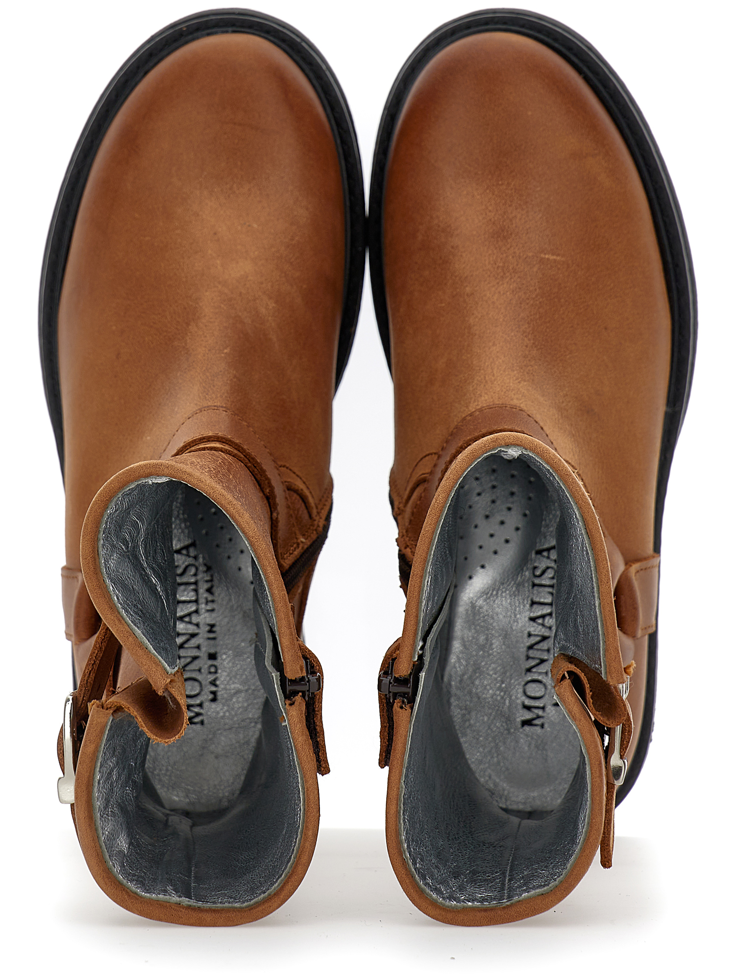 Monnalisa Leather Boots With Buckles In Caramel