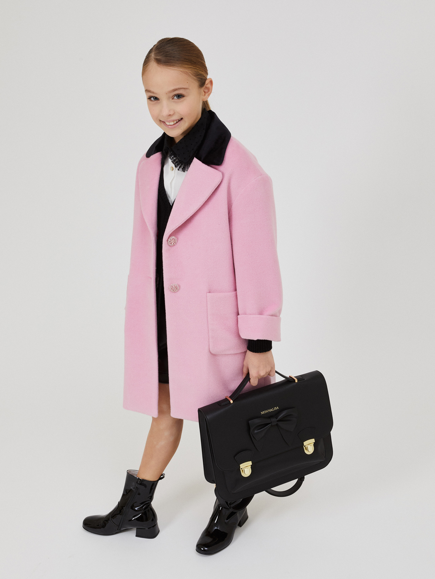 Shop Monnalisa Coat With Velour Collar In Rosa Fairy Tale