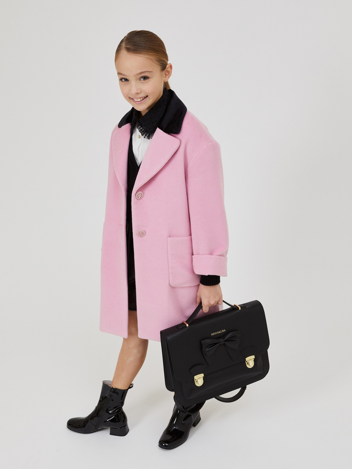 Monnalisa Coat With Velour Collar In Rosa Fairy Tale