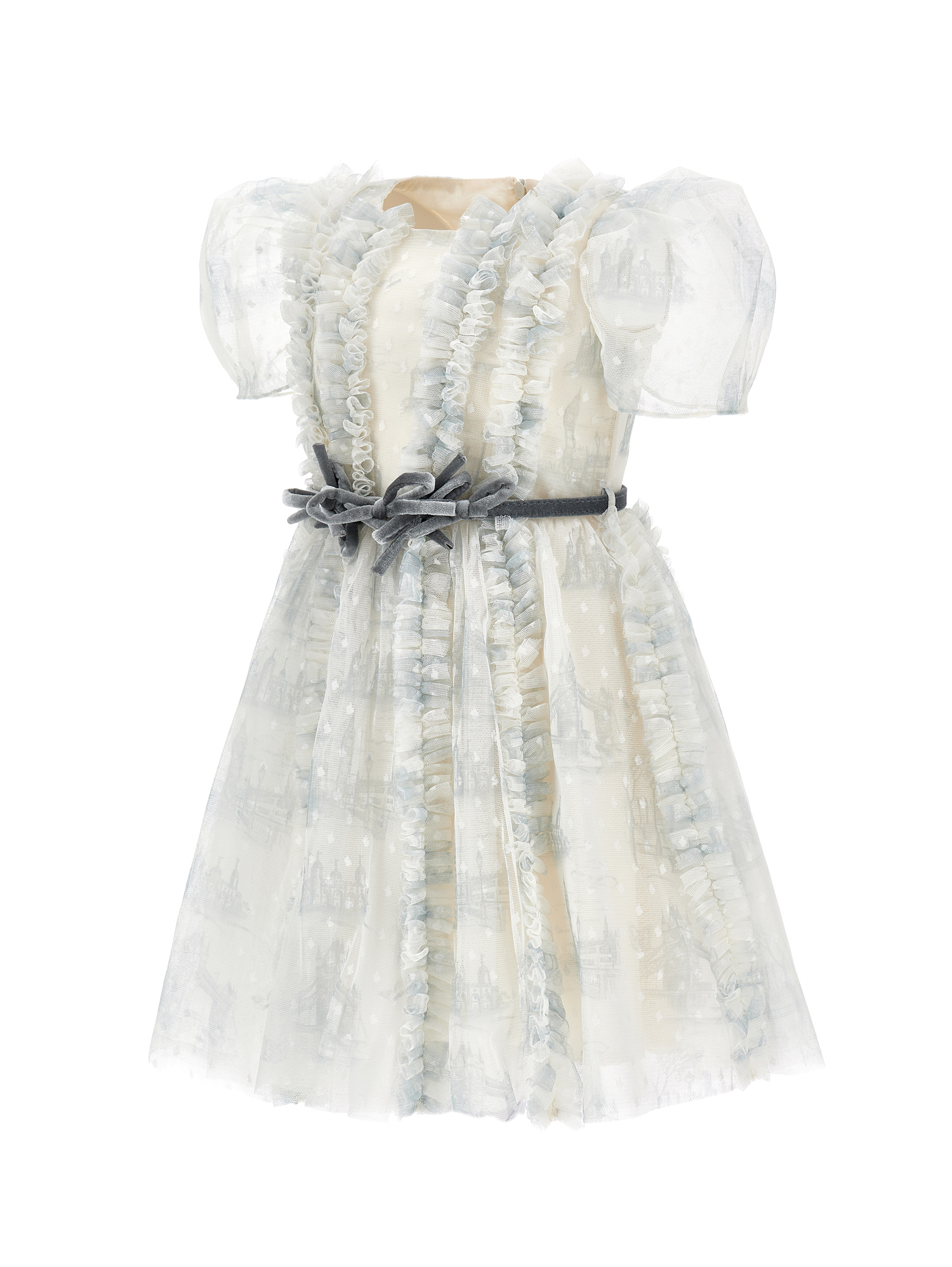 Monnalisa Tulle Dress With Ruffles And Polka Dots In Grey + Beige
