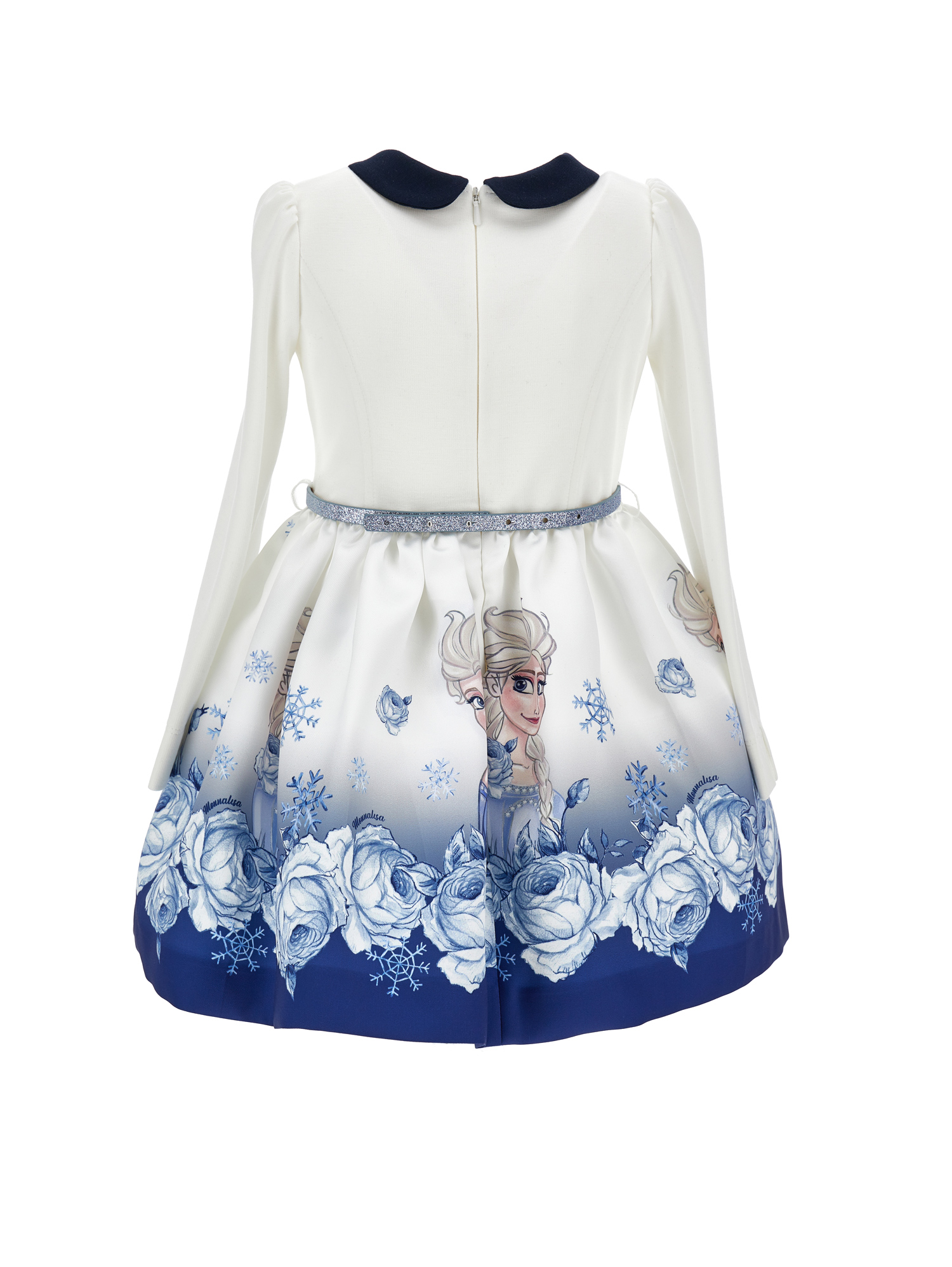 Monnalisa Frozen Mikado Dress In Cream + Navy Blue