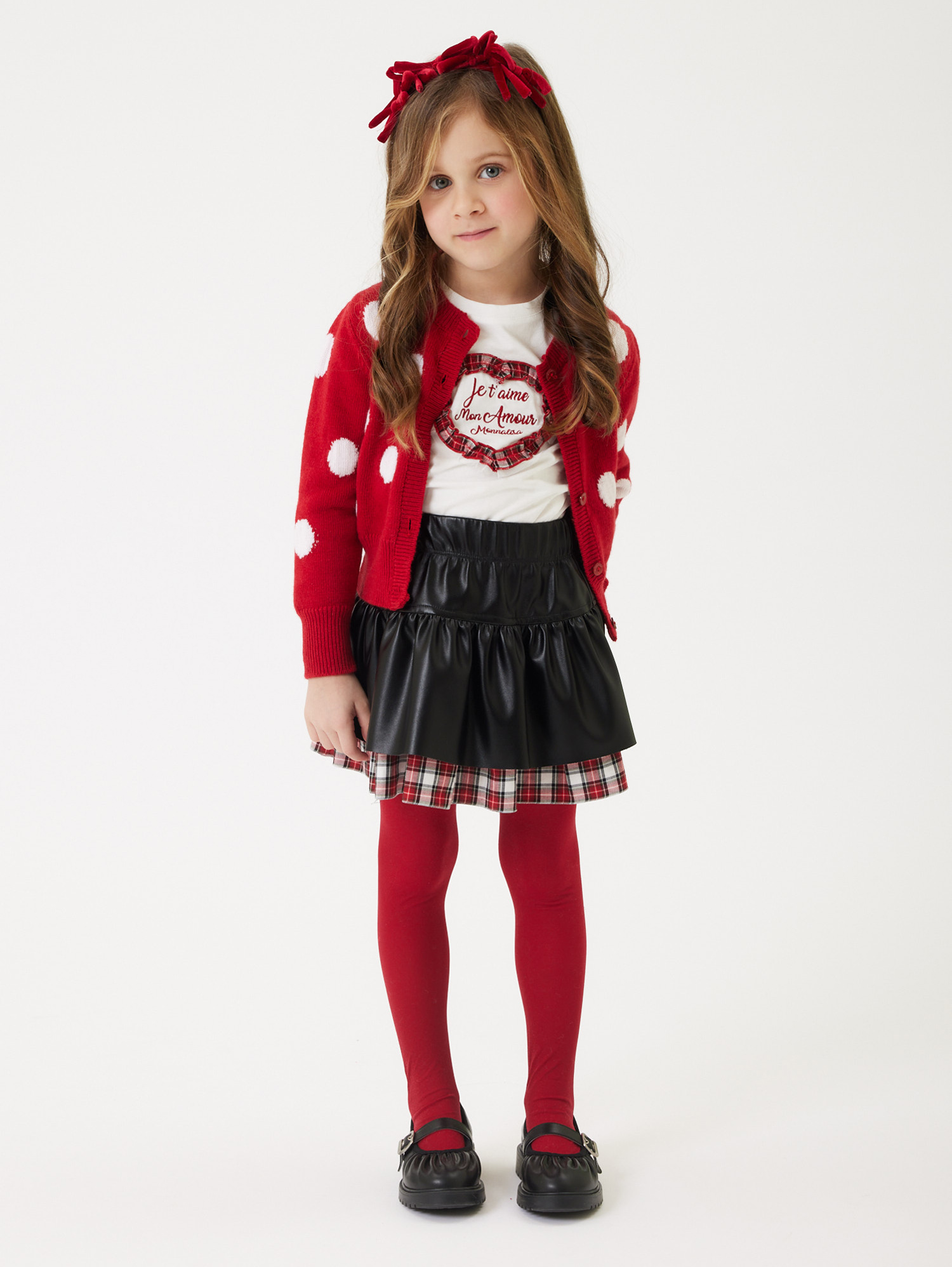 Monnalisa Merino Wool Cardigan In Red + Cream