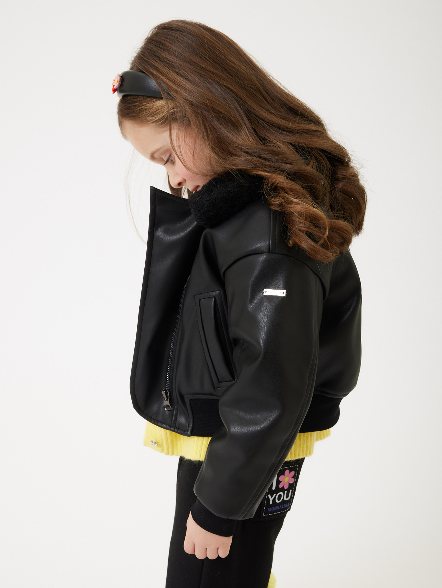 Monnalisa Coated Fabric Bomber Biker Jacket In Black