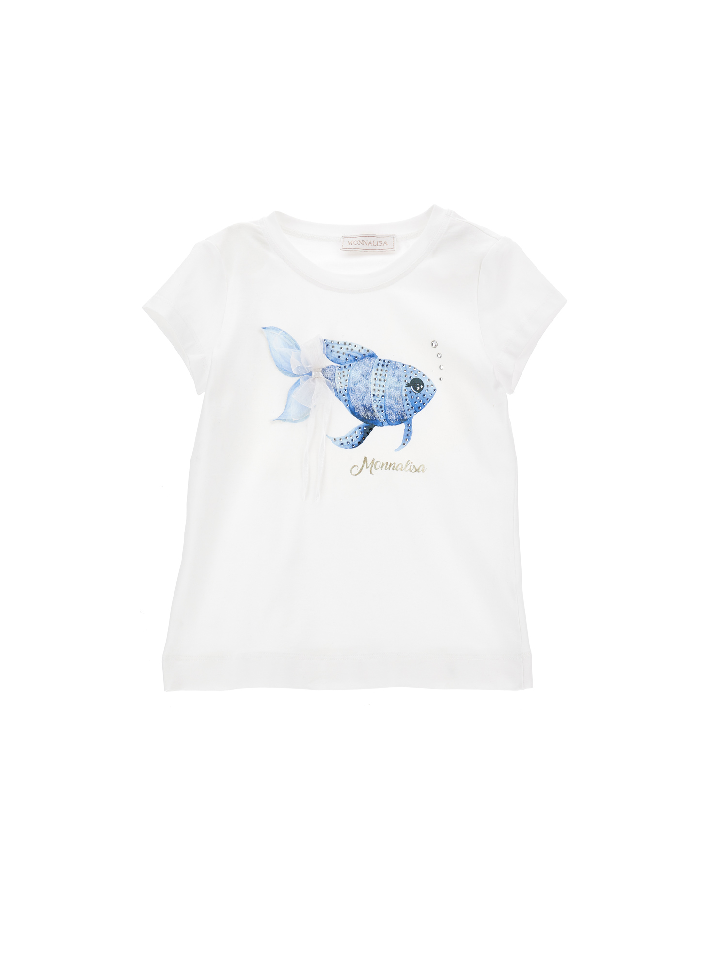 Monnalisa Tulle And Rhinestone Fish T-shirt In White