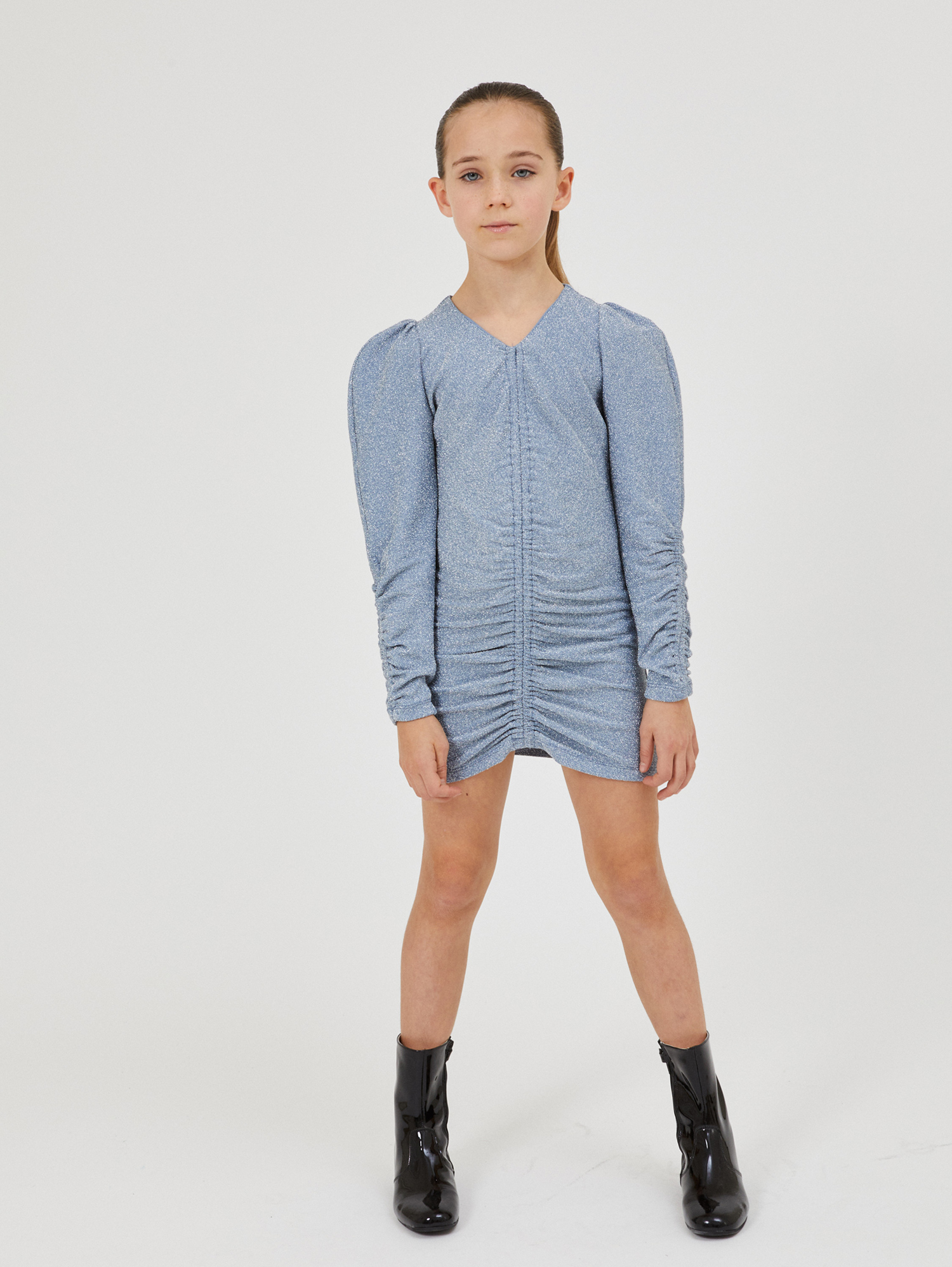 Monnalisa Lurex Knit Dress In Bluestone + Silver