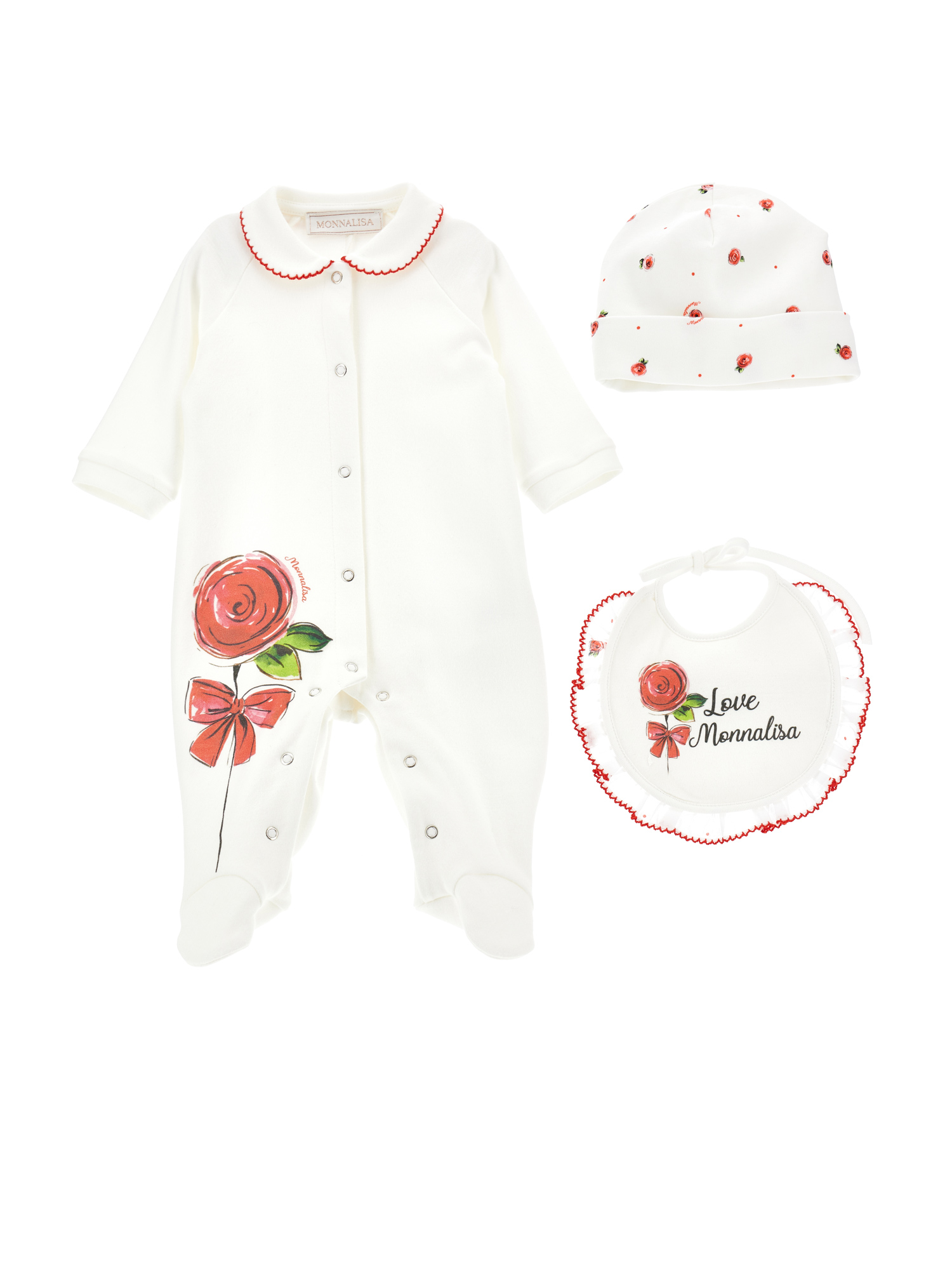 Monnalisa Babies'   Three-piece Set With Rose In Cream + Ruby Red