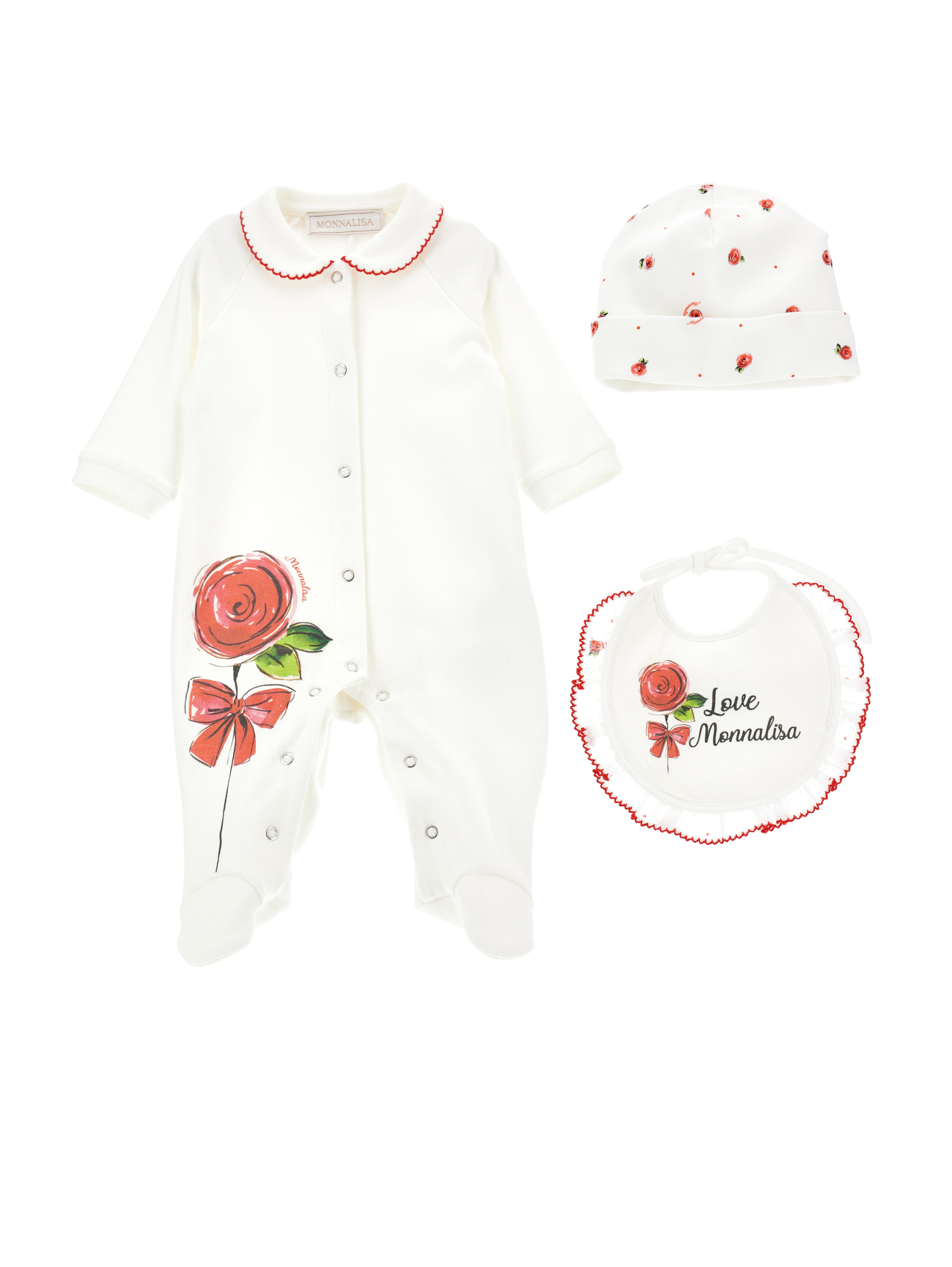 Monnalisa Three-piece Set With Rose In Cream + Ruby Red
