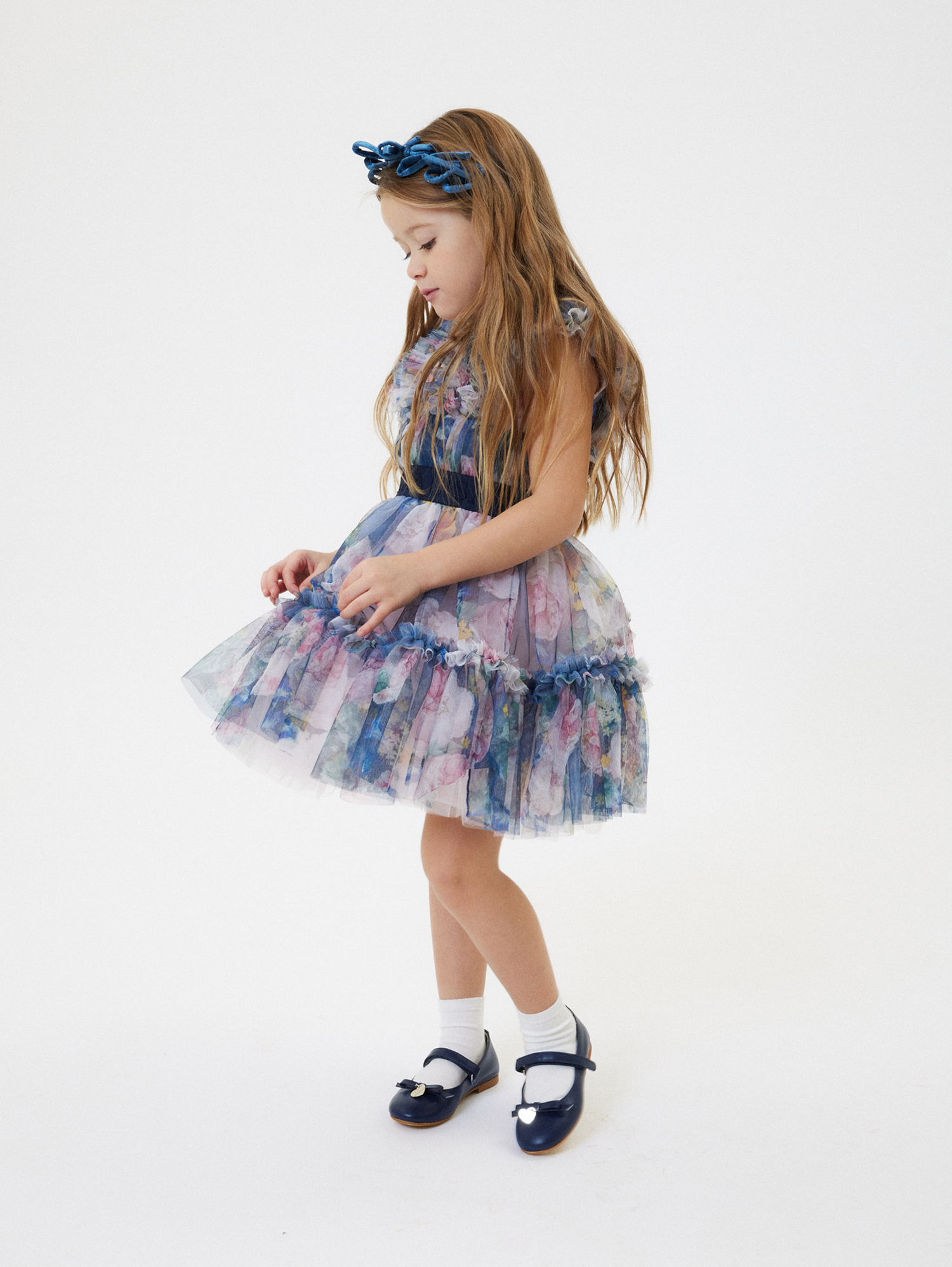 Monnalisa Baroque Rose Birthday Dress In Blue + Multicolor