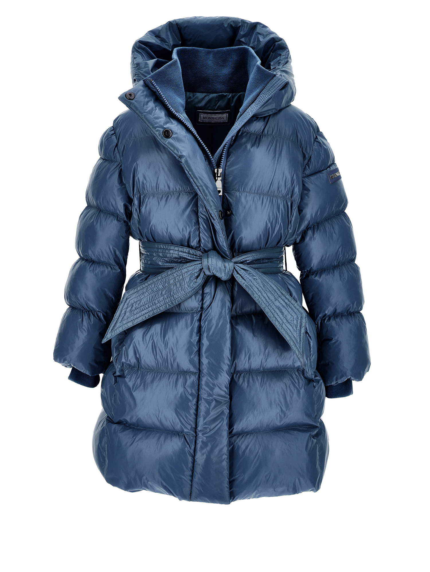 Monnalisa Padded Coat With Ribbon Belt In Navy Blue