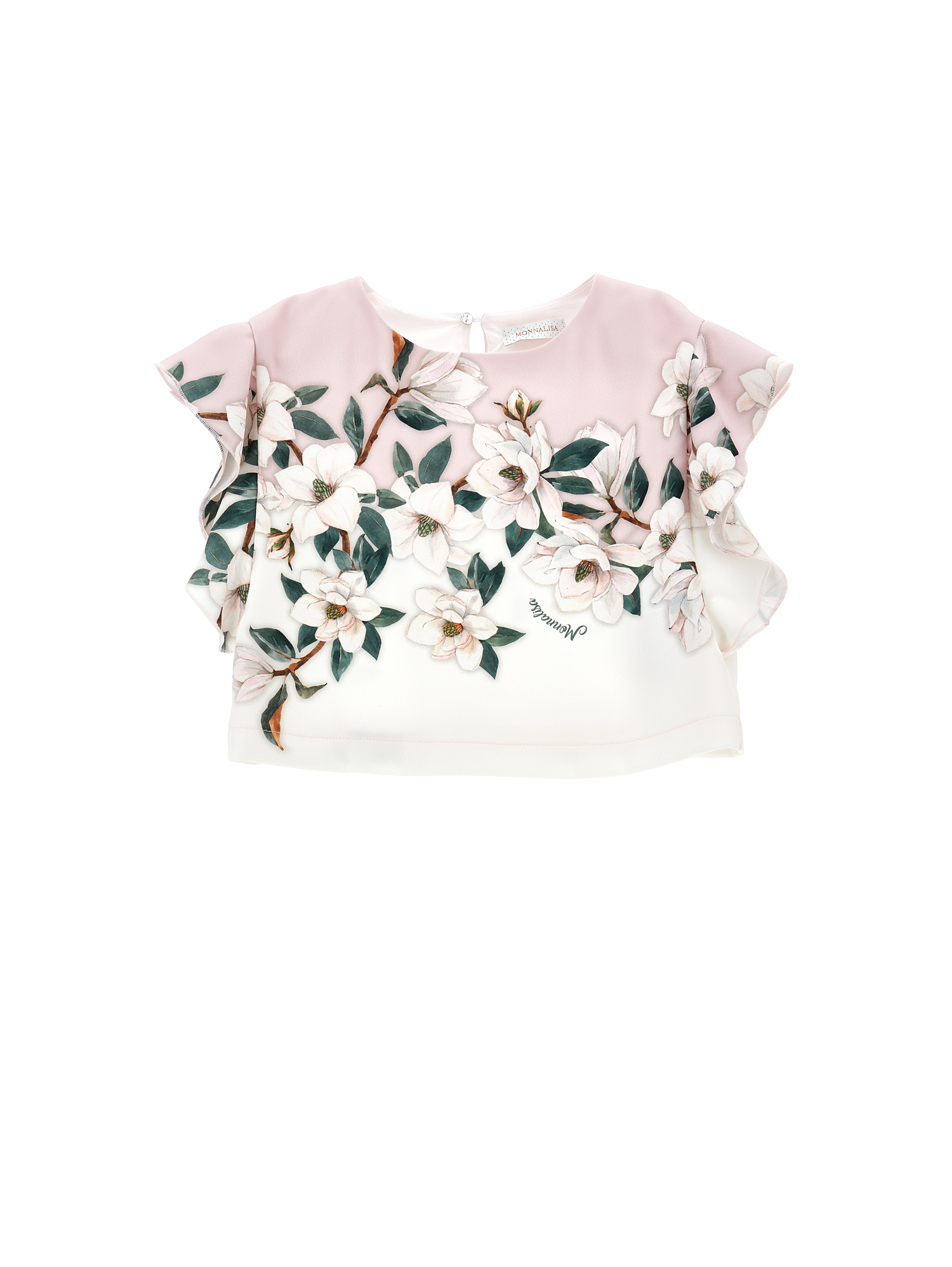Monnalisa Cropped Top With Magnolia Print In Cream + Purple