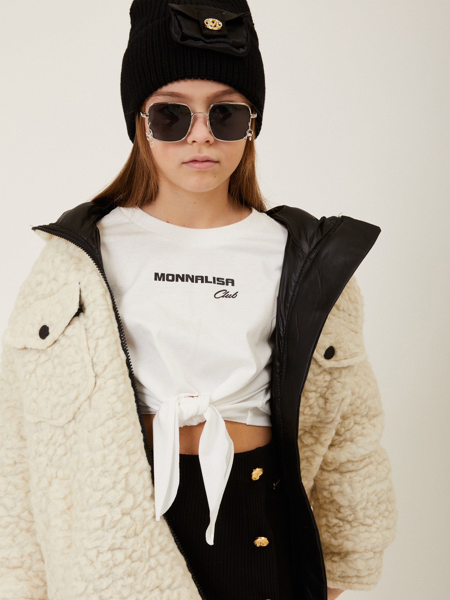 Monnalisa Plush Knitted Parka In Cream + Black