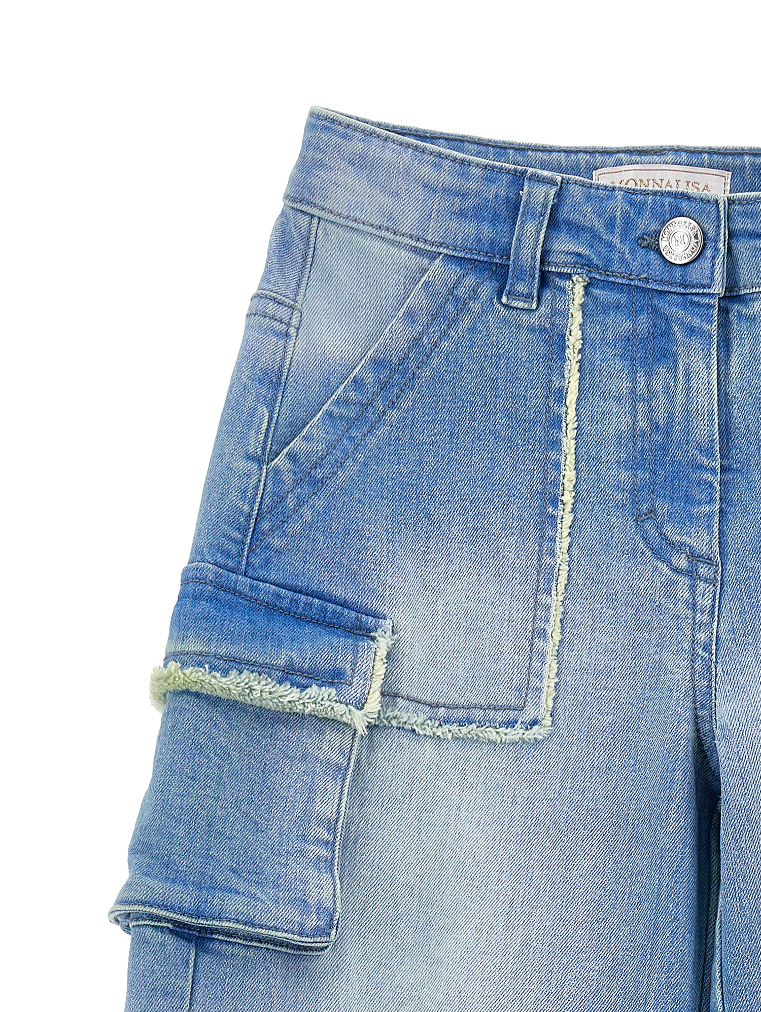 Monnalisa Frayed Cargo Denim Jeans In Stone Bleach