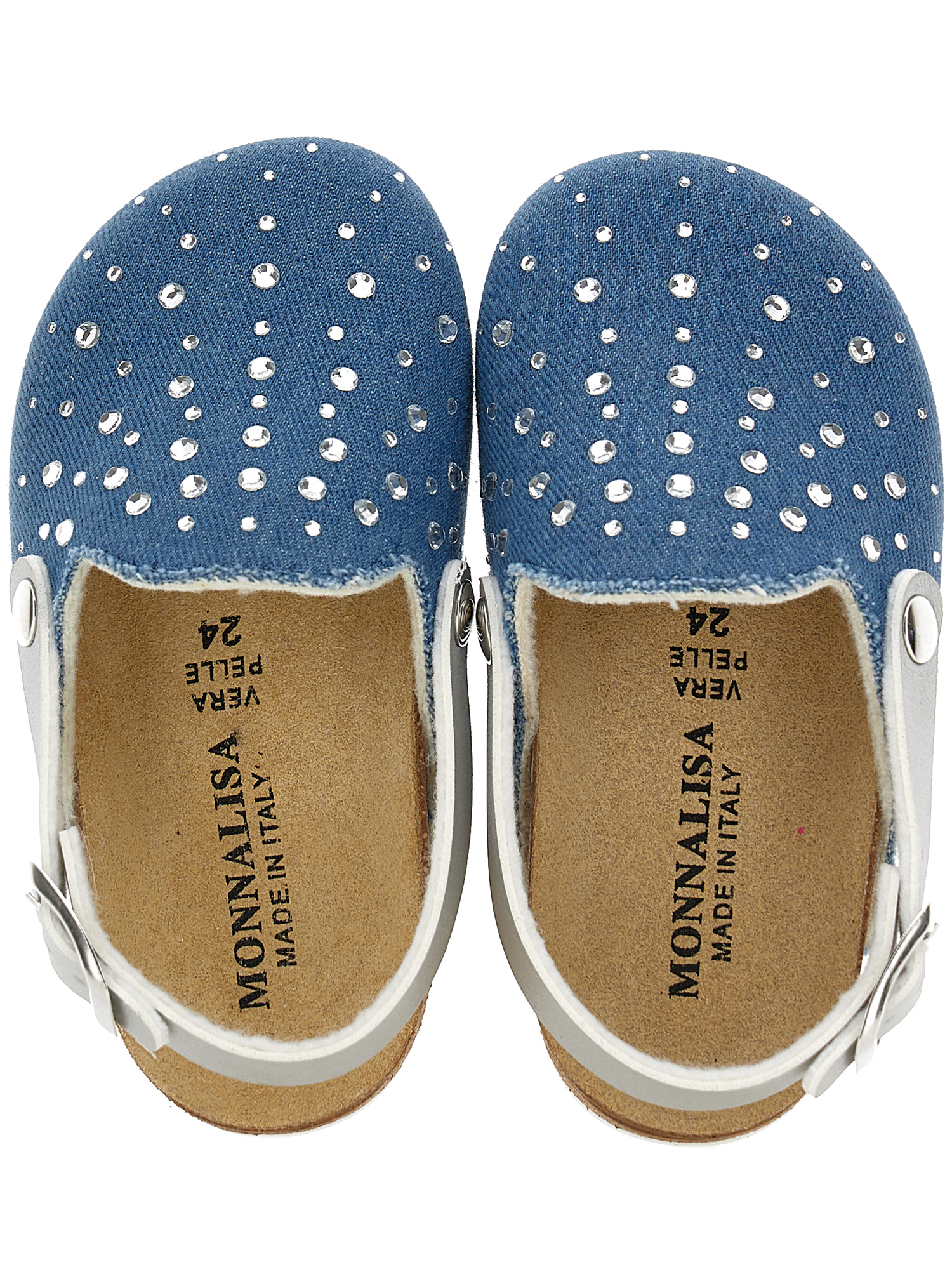 Monnalisa Denim Clogs With Rhinestones In Blue Stone + Silver