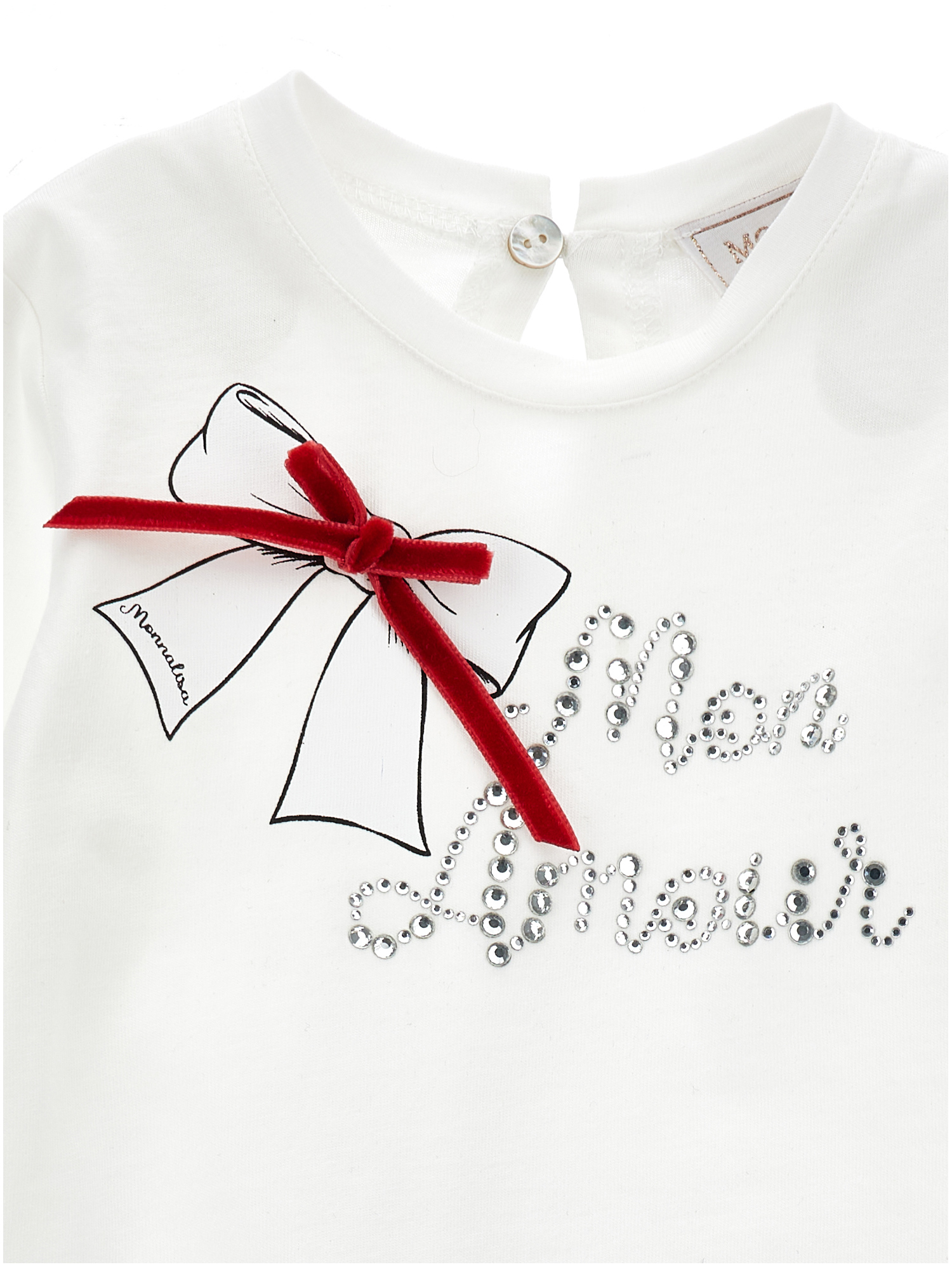 Monnalisa Rhinestone T-shirt And Velvet Bow In Cream