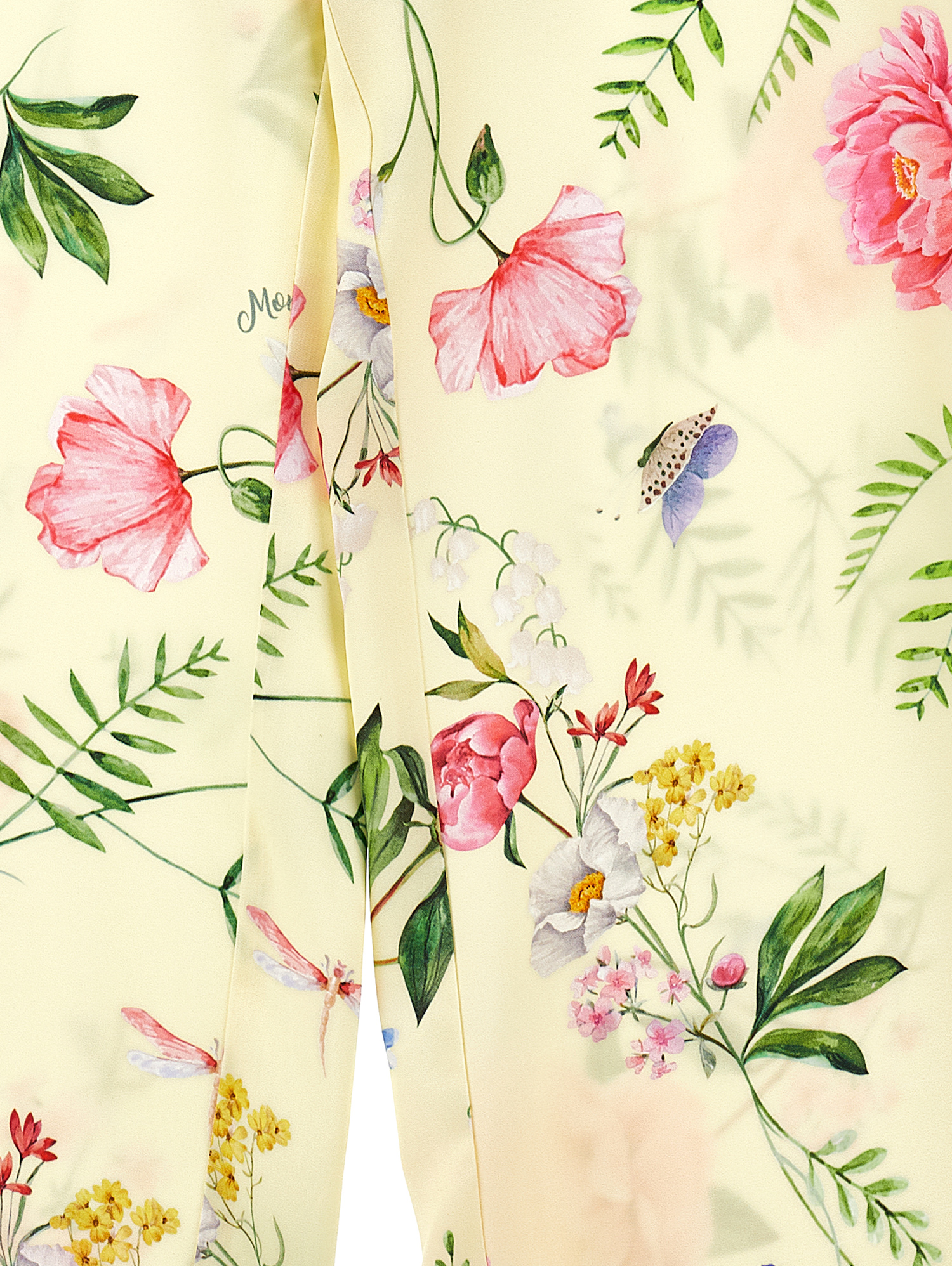 Monnalisa Botanical Satin Trousers In Light Yellow + Multicolour