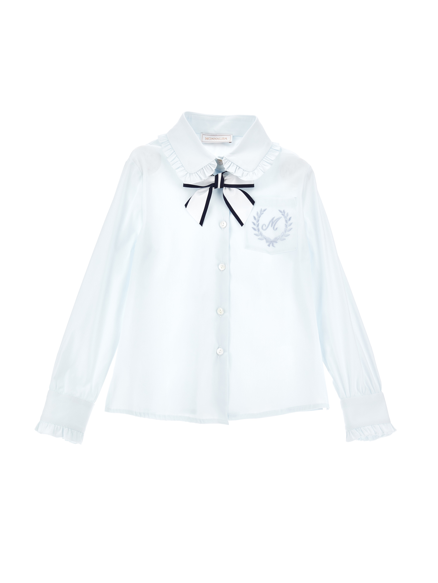 Monnalisa Kids'   Stretch Shirt With Bow In Light Blue + Blue