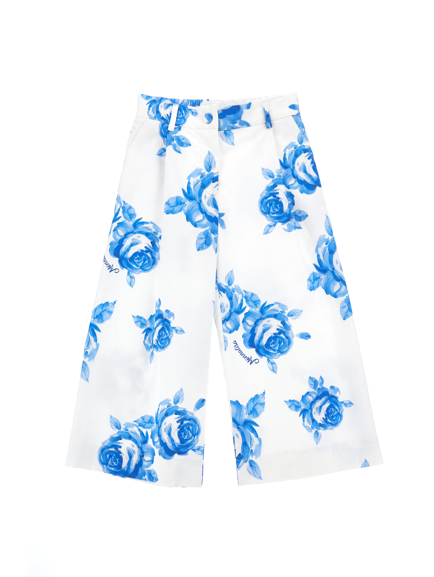 Monnalisa Rose Print Cropped Palazzo Trousers In Cream + Electric Blue