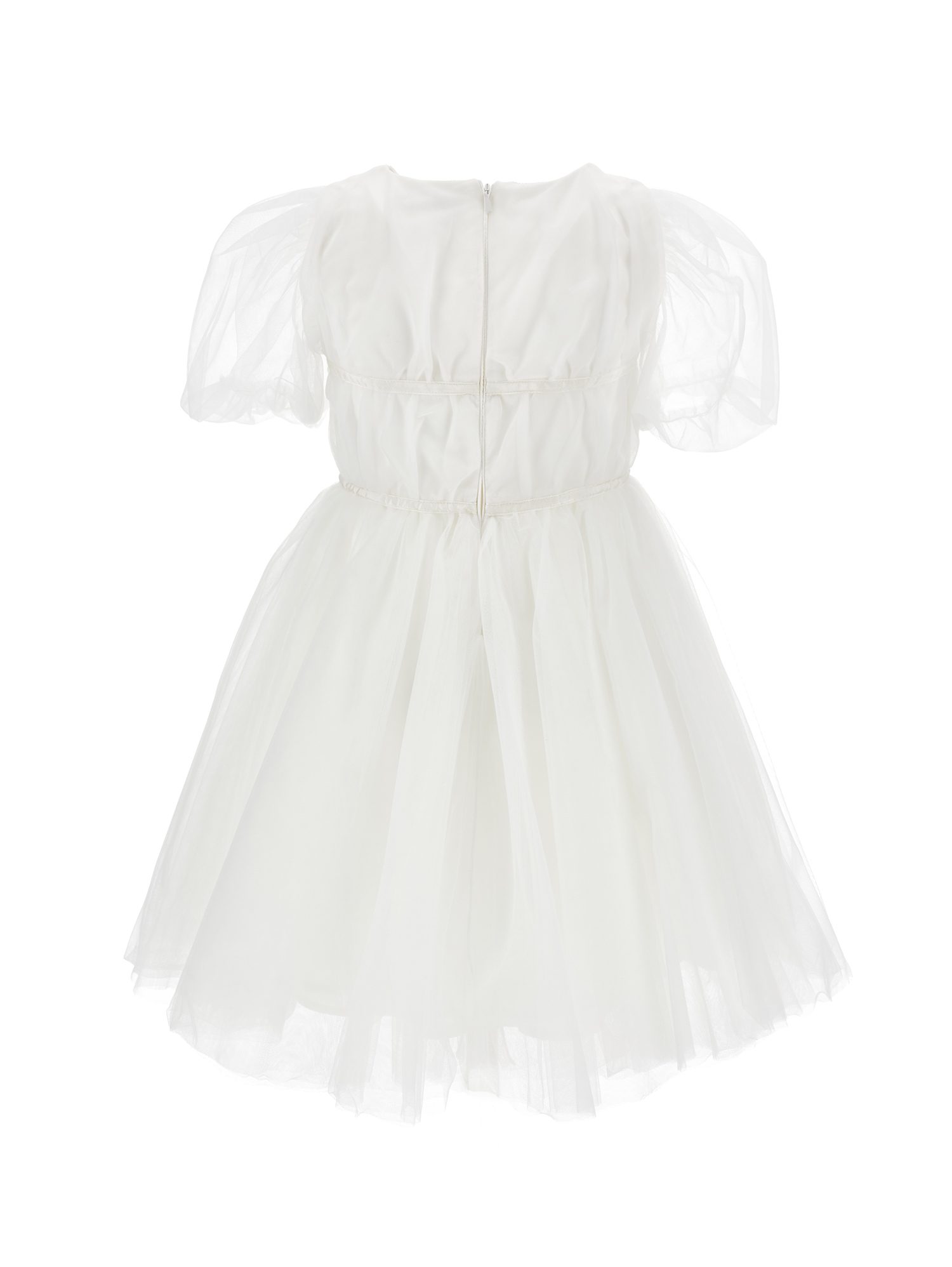 Shop Monnalisa Silk-touch Tulle Dress With Ribbons In Light Cream