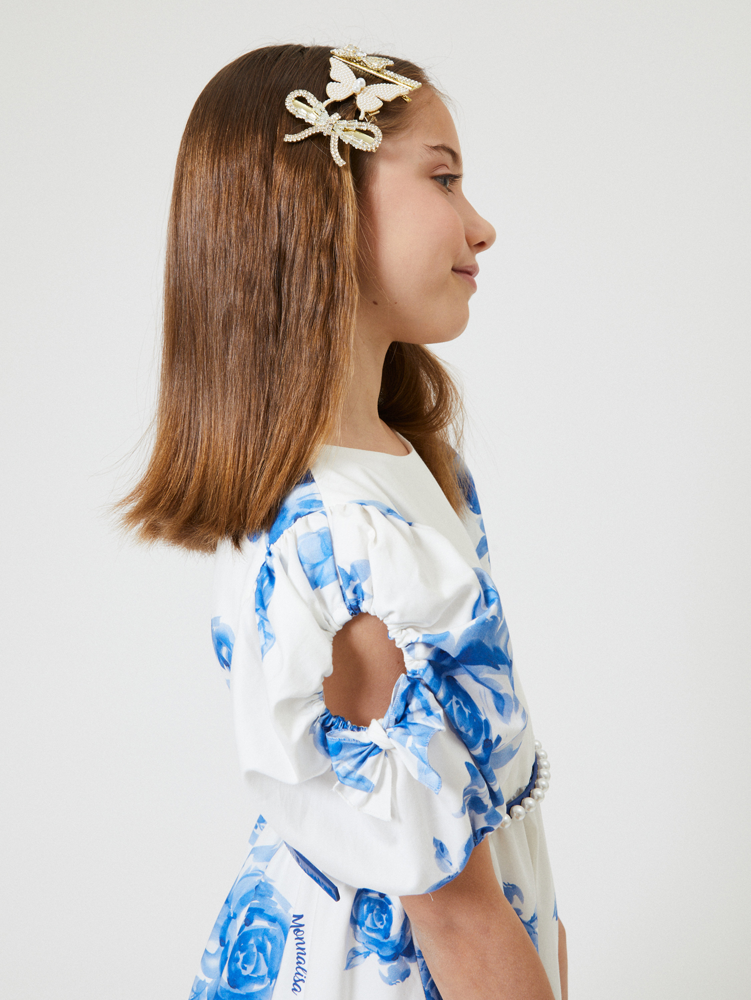 Shop Monnalisa Rose Print Cotton Dress In Cream + Electric Blue