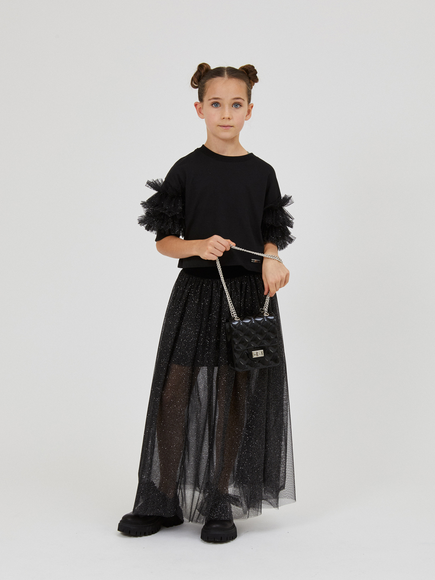 Monnalisa Long Lurex Knit Skirt In Black + Silver