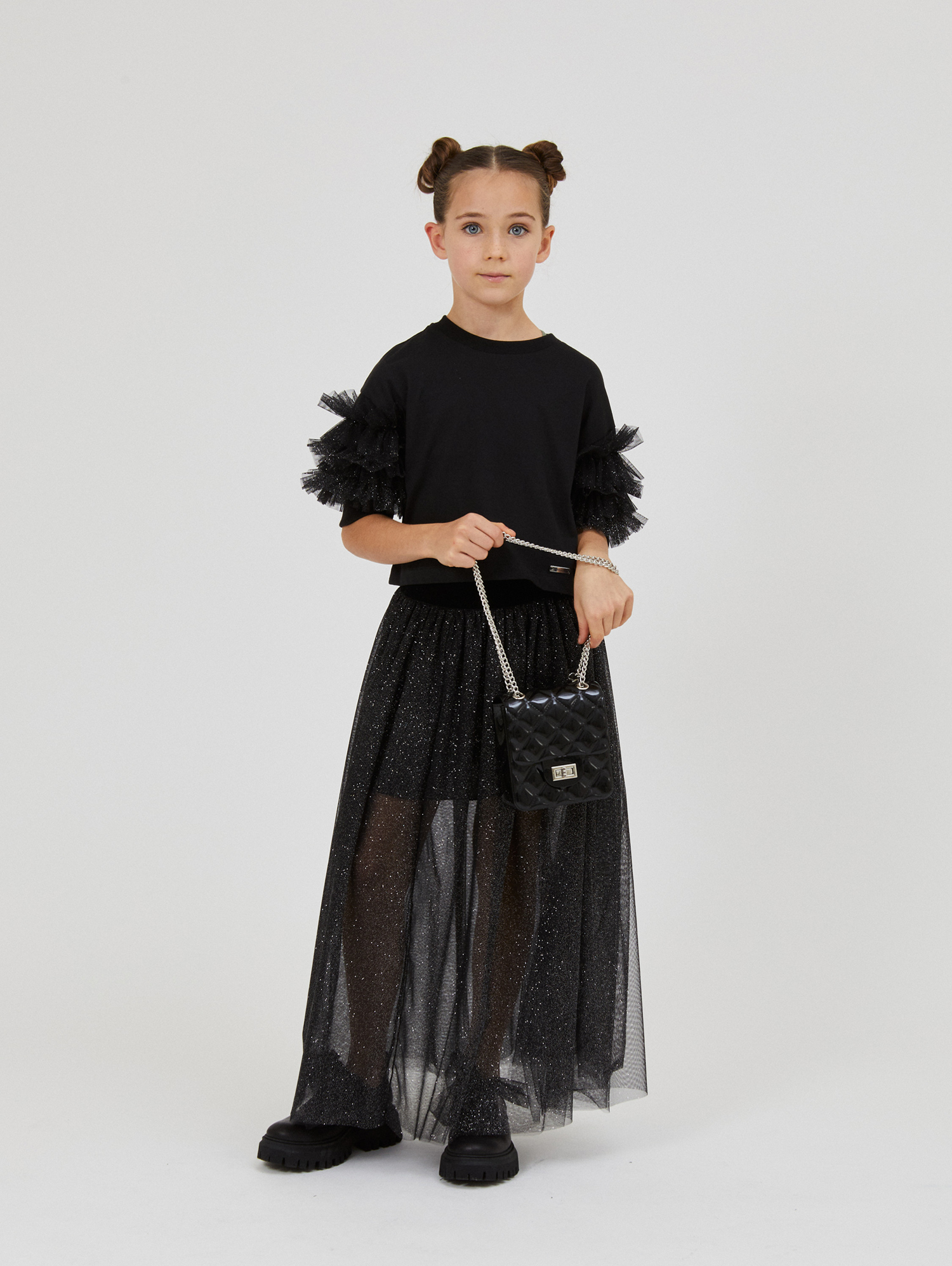 Shop Monnalisa Long Lurex Knit Skirt In Black + Silver