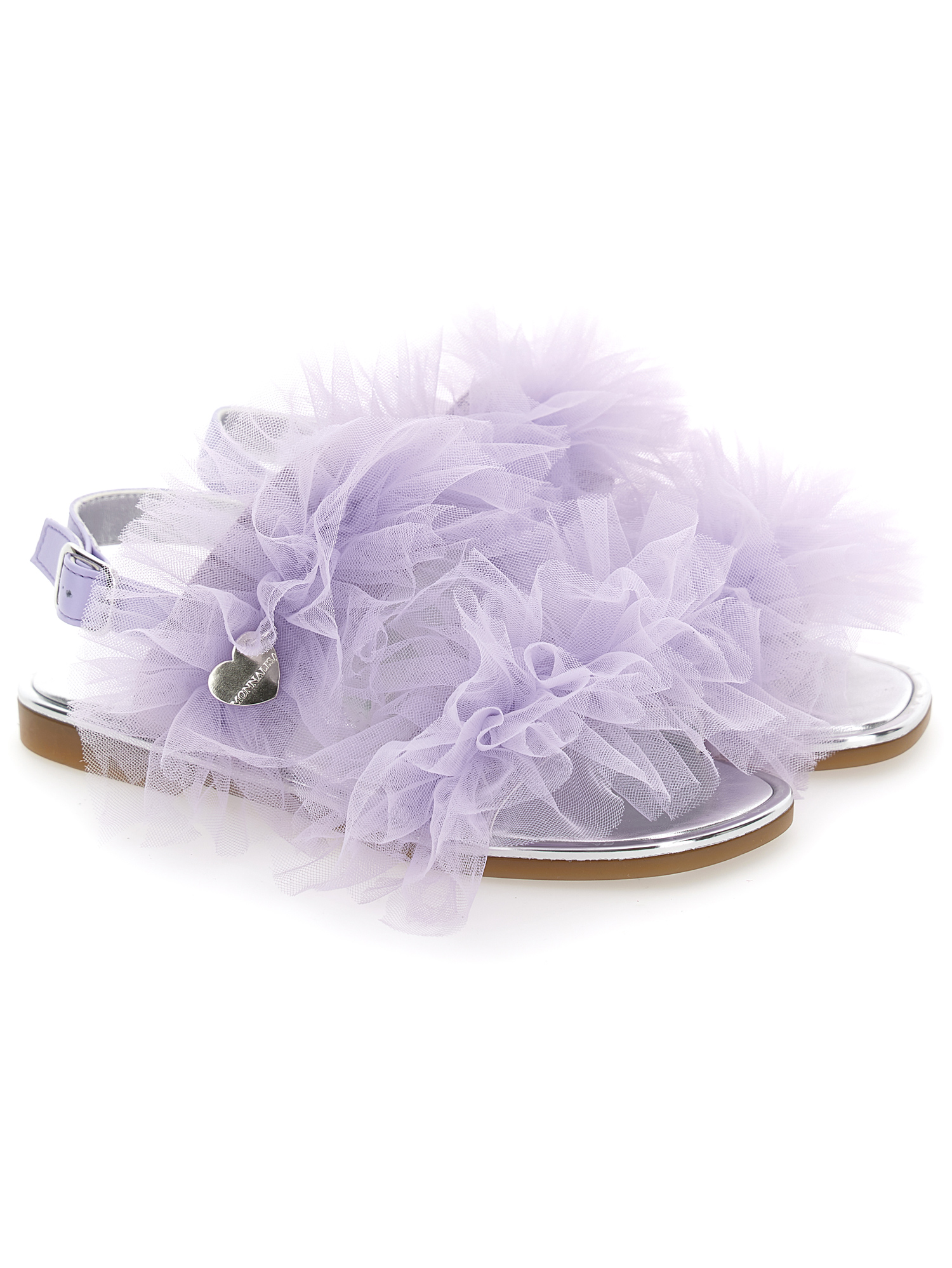 Shop Monnalisa Nappa Leather Sandals With Tulle Ruffles In Wisteria