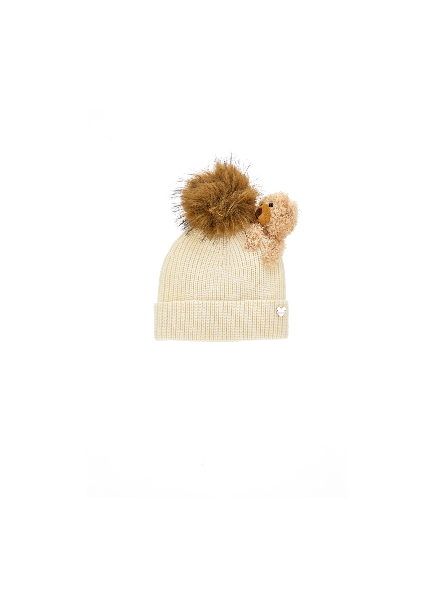 Monnalisa Knitted Hat With Pompom And Teddy Bear In Neutral