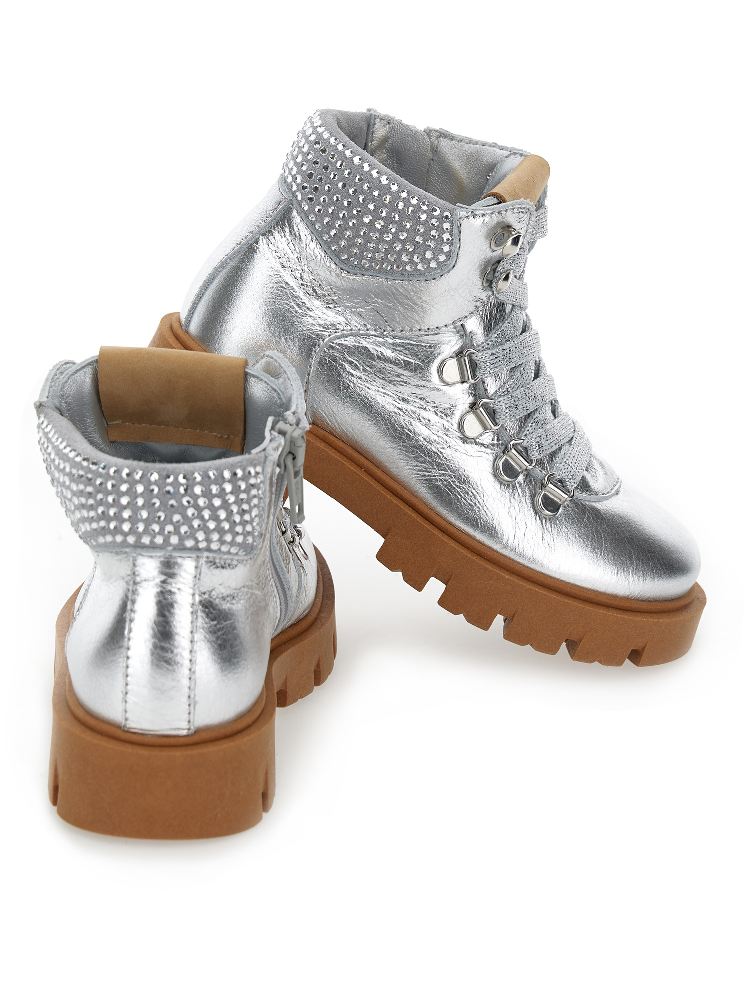 Shop Monnalisa Laminated Leather Lace-up Boots In Silver