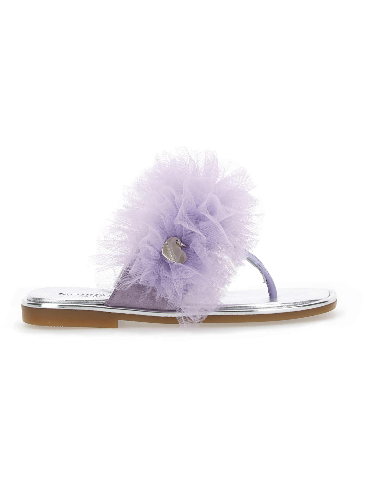 Monnalisa Nappa Leather Thong Sandals With Tulle Ruffle In Wisteria