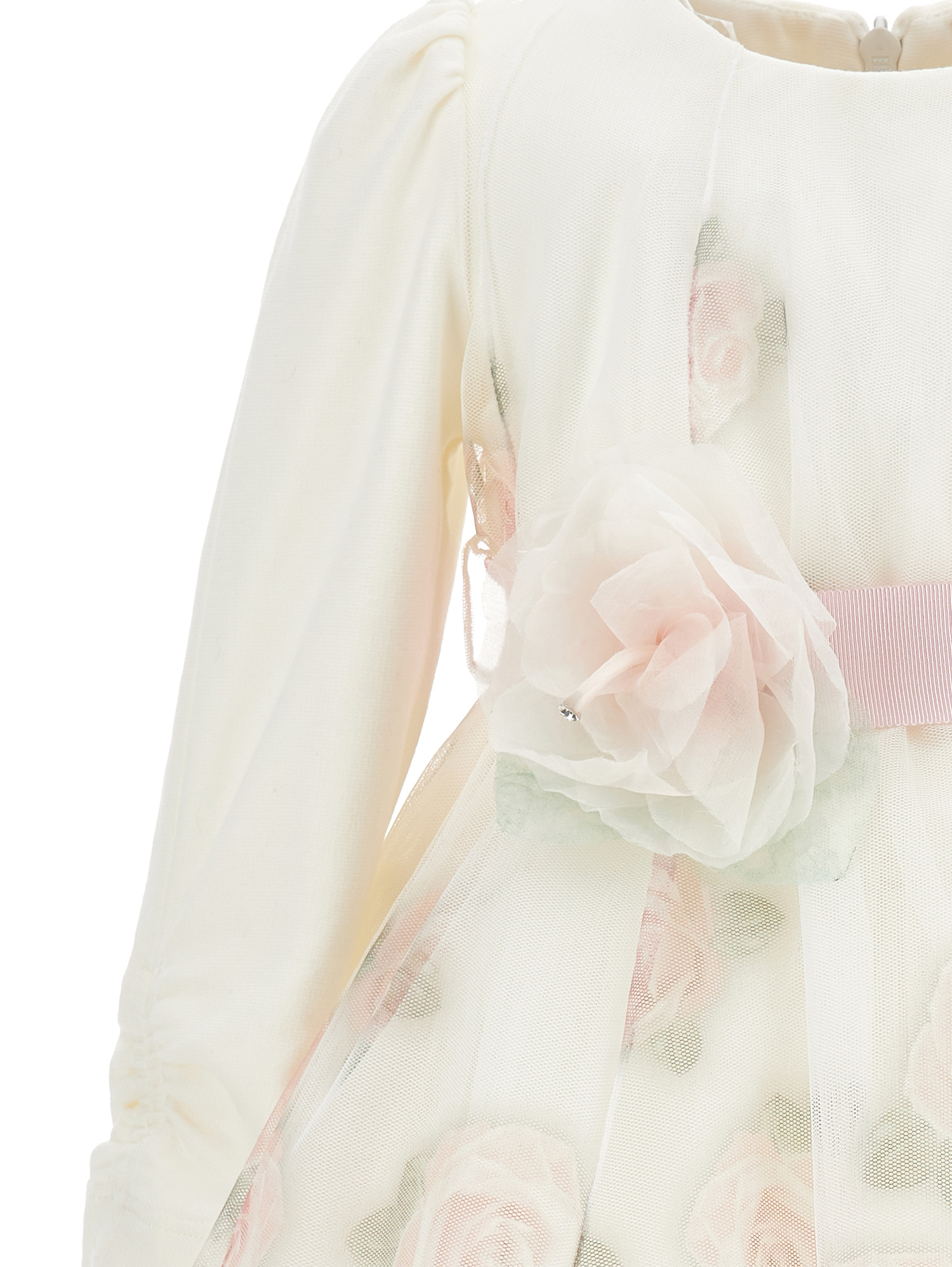 Monnalisa Printed Tulle Dress In Cream + Pink