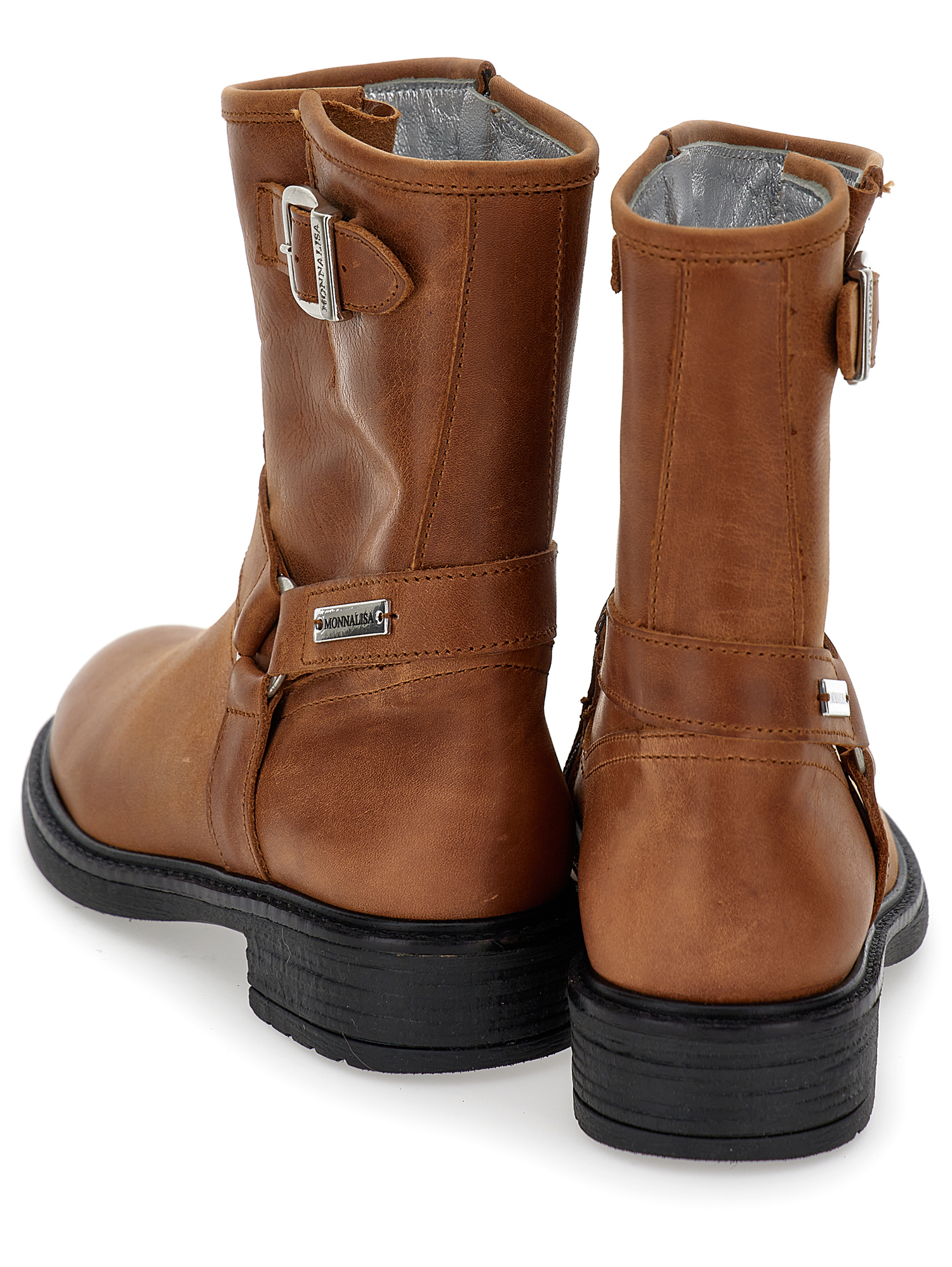 Monnalisa Leather Boots With Buckles In Caramel