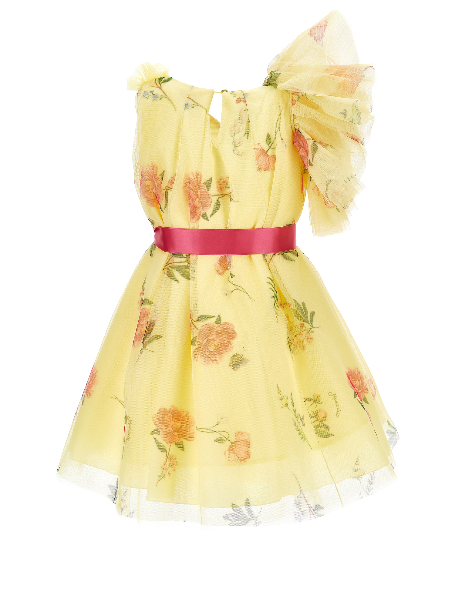 Monnalisa One Shoulder Tulle Dress In Light Yellow + Multicolour