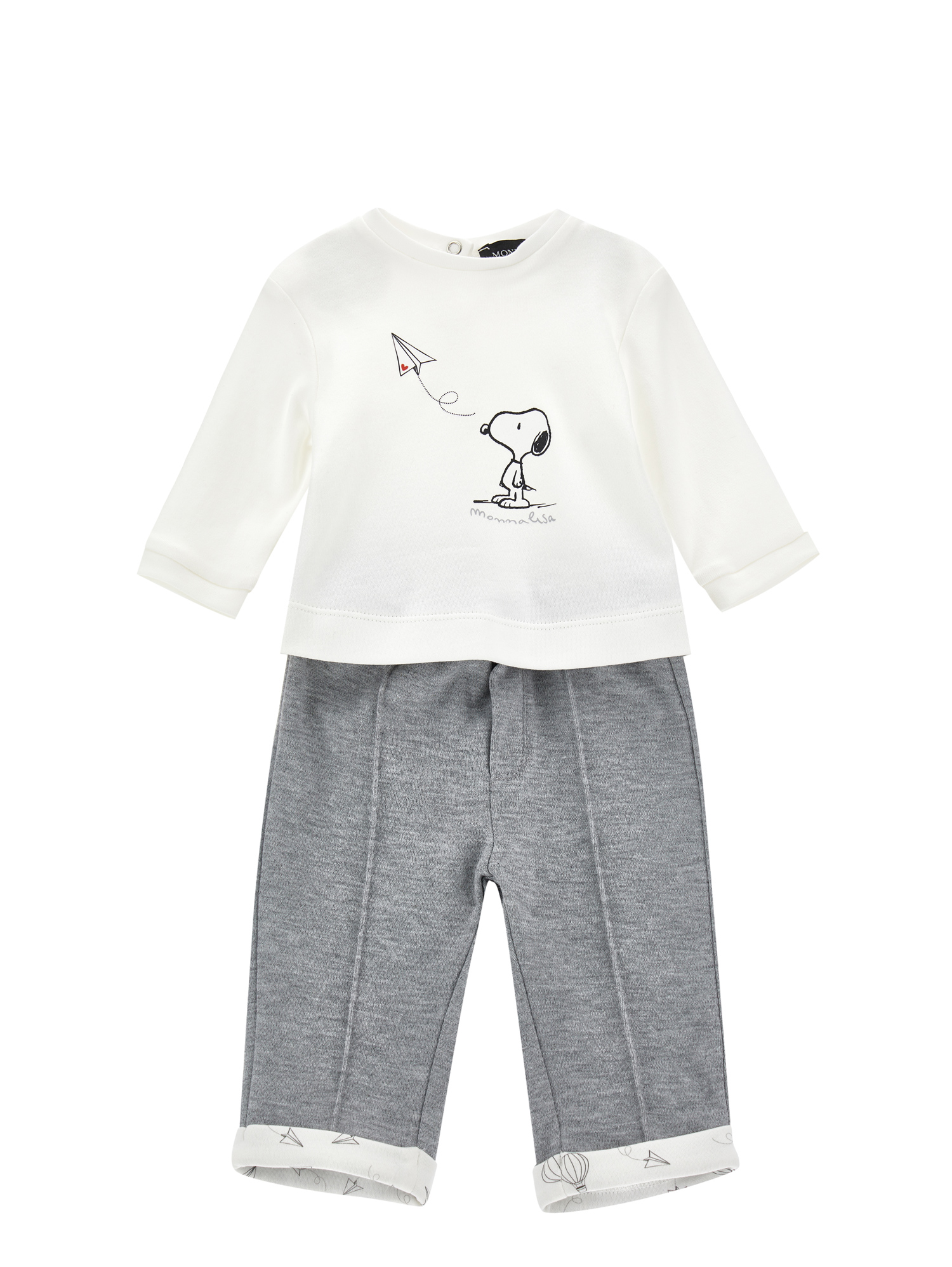 Monnalisa Snoopy Two-piece Set In Cream + Grey