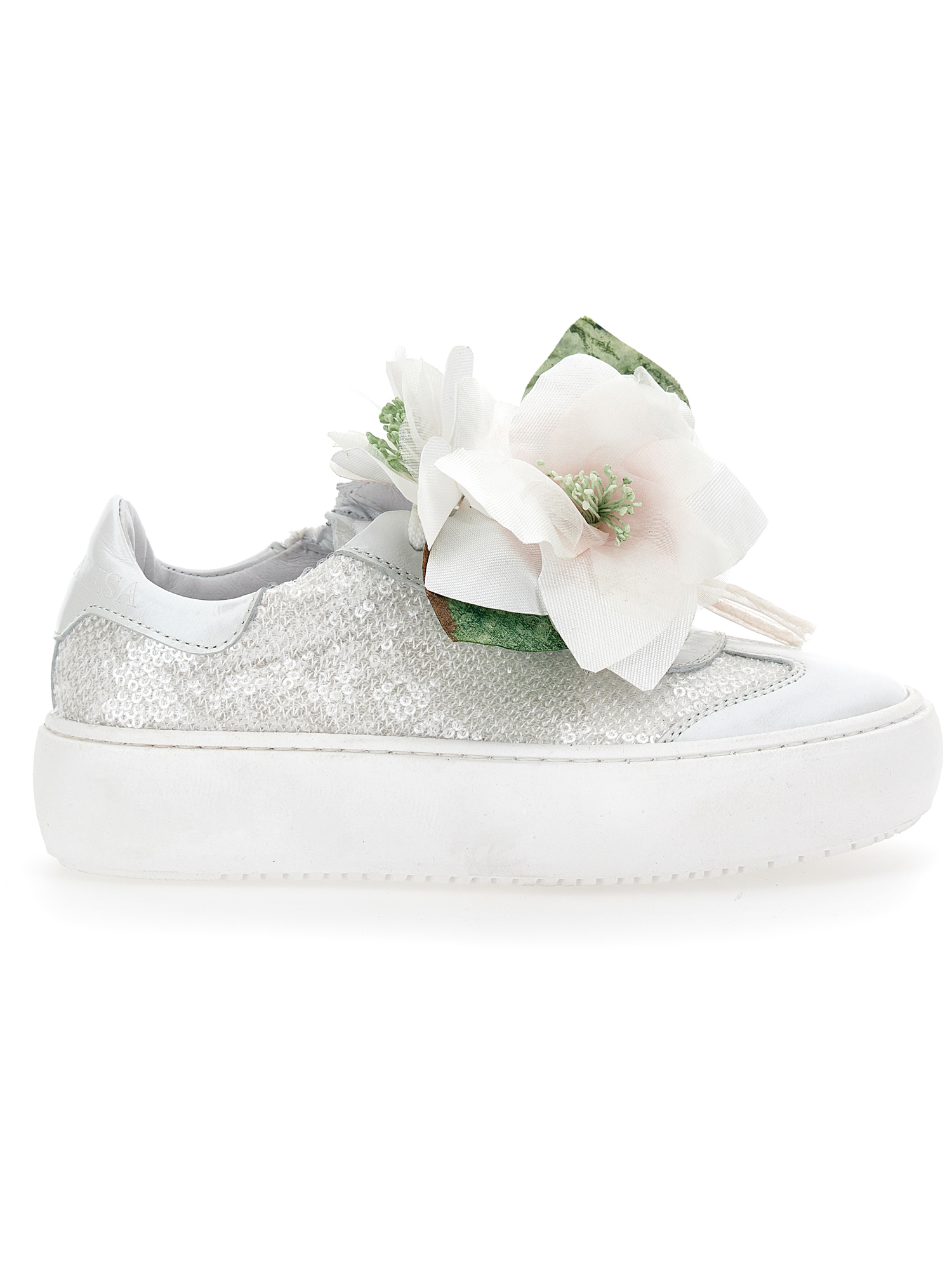Monnalisa Sneakers In Leather And Sequins With Magnolia In Cream + Purple