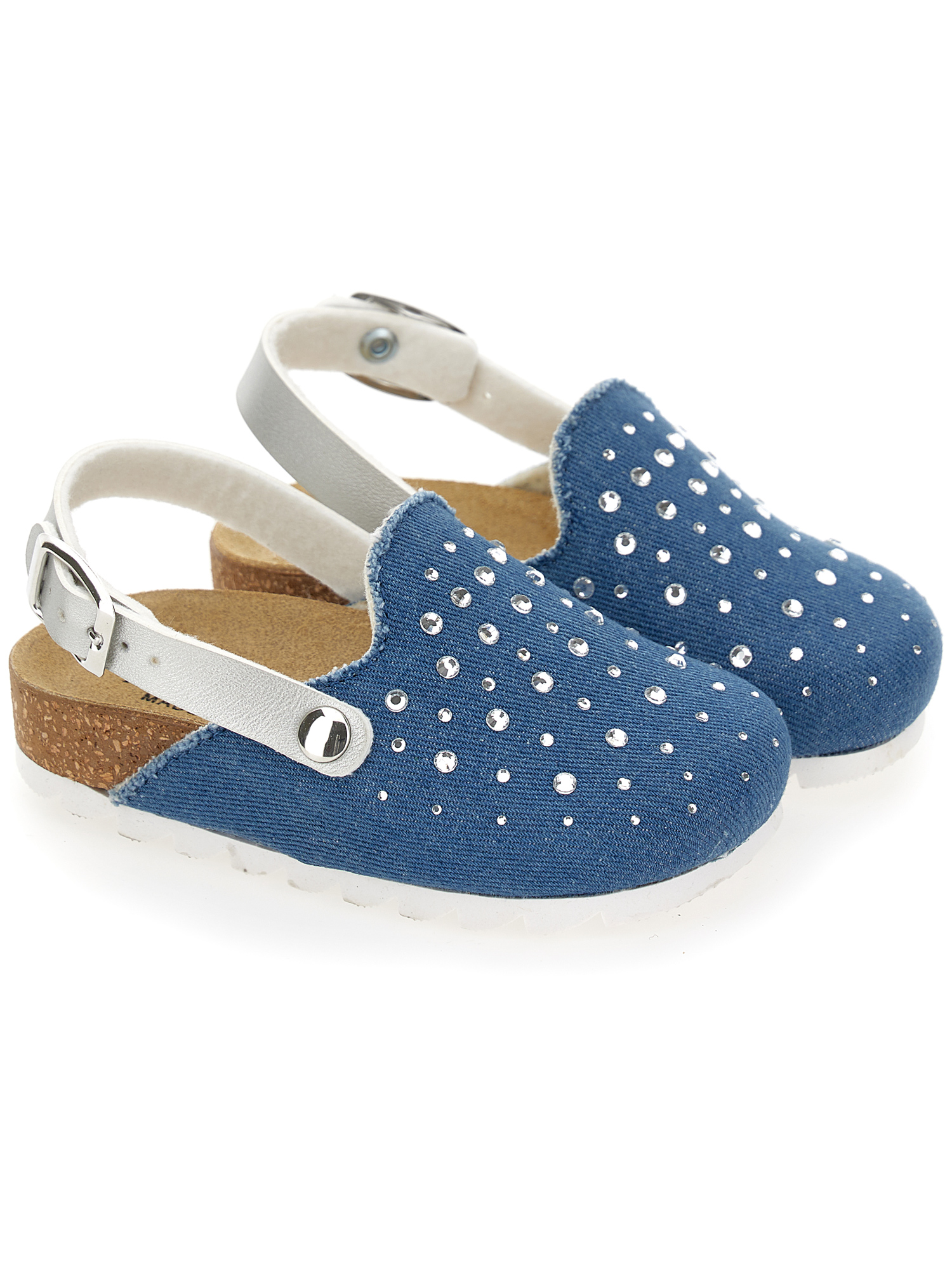 Monnalisa Denim Clogs With Rhinestones In Blue Stone + Silver