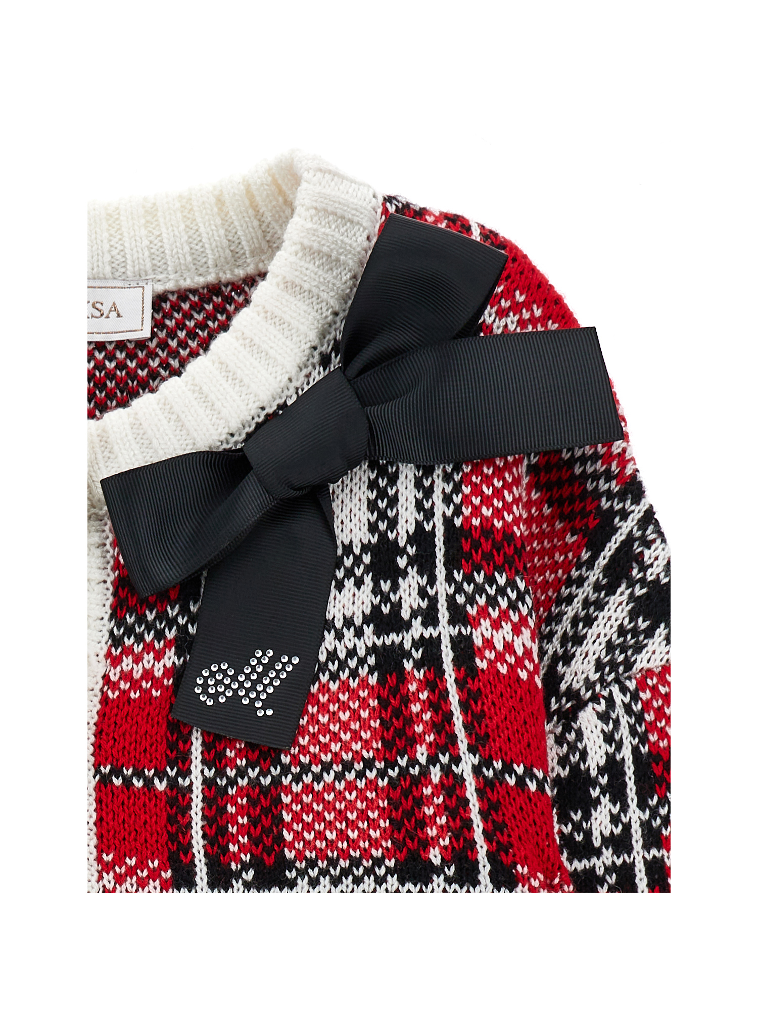 Monnalisa Tartan Wool Blend Sweater In Red + Cream