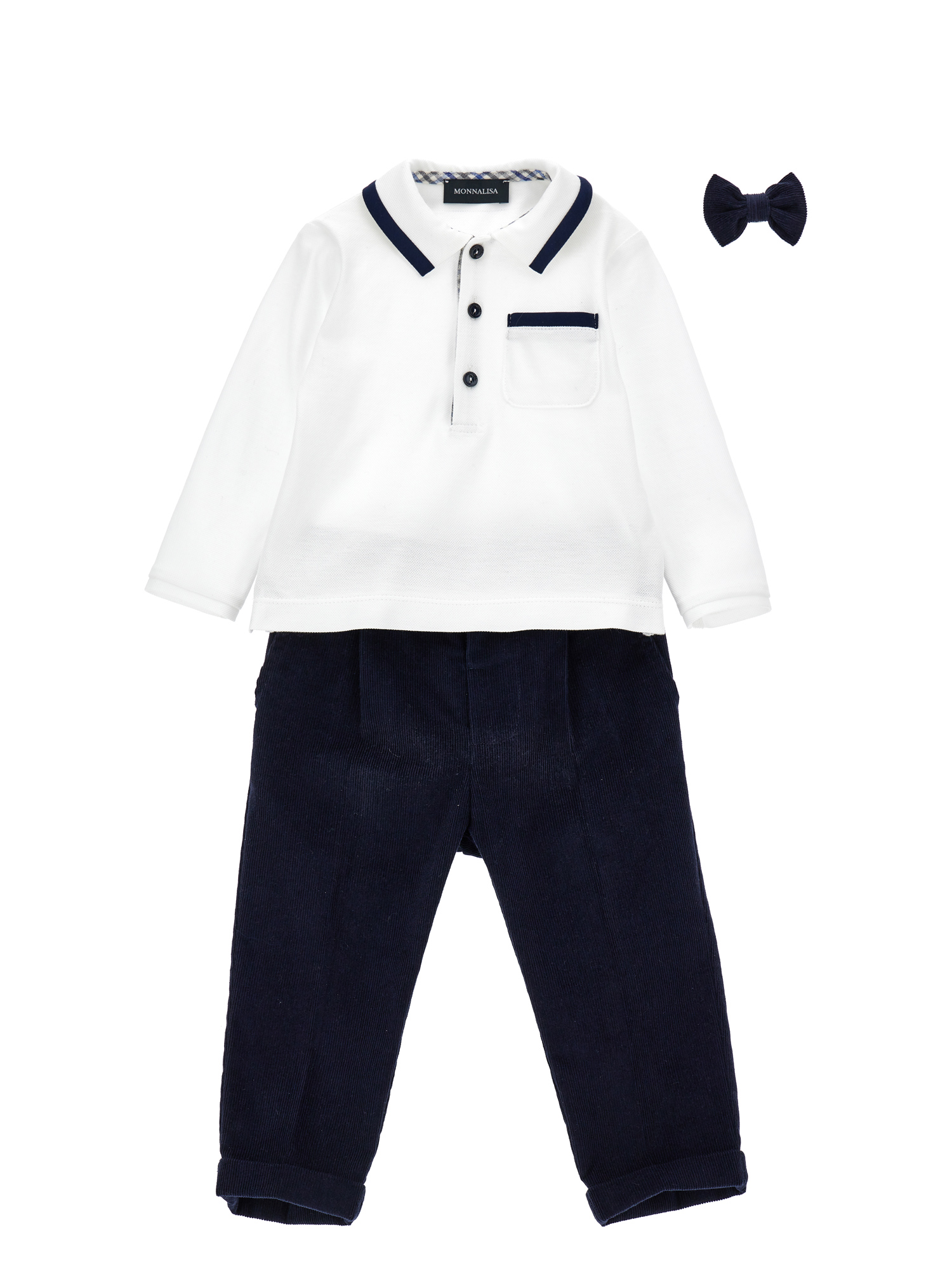Monnalisa Elegant Suit With Pocket Square And Bow Tie In Cream + Navy Blue