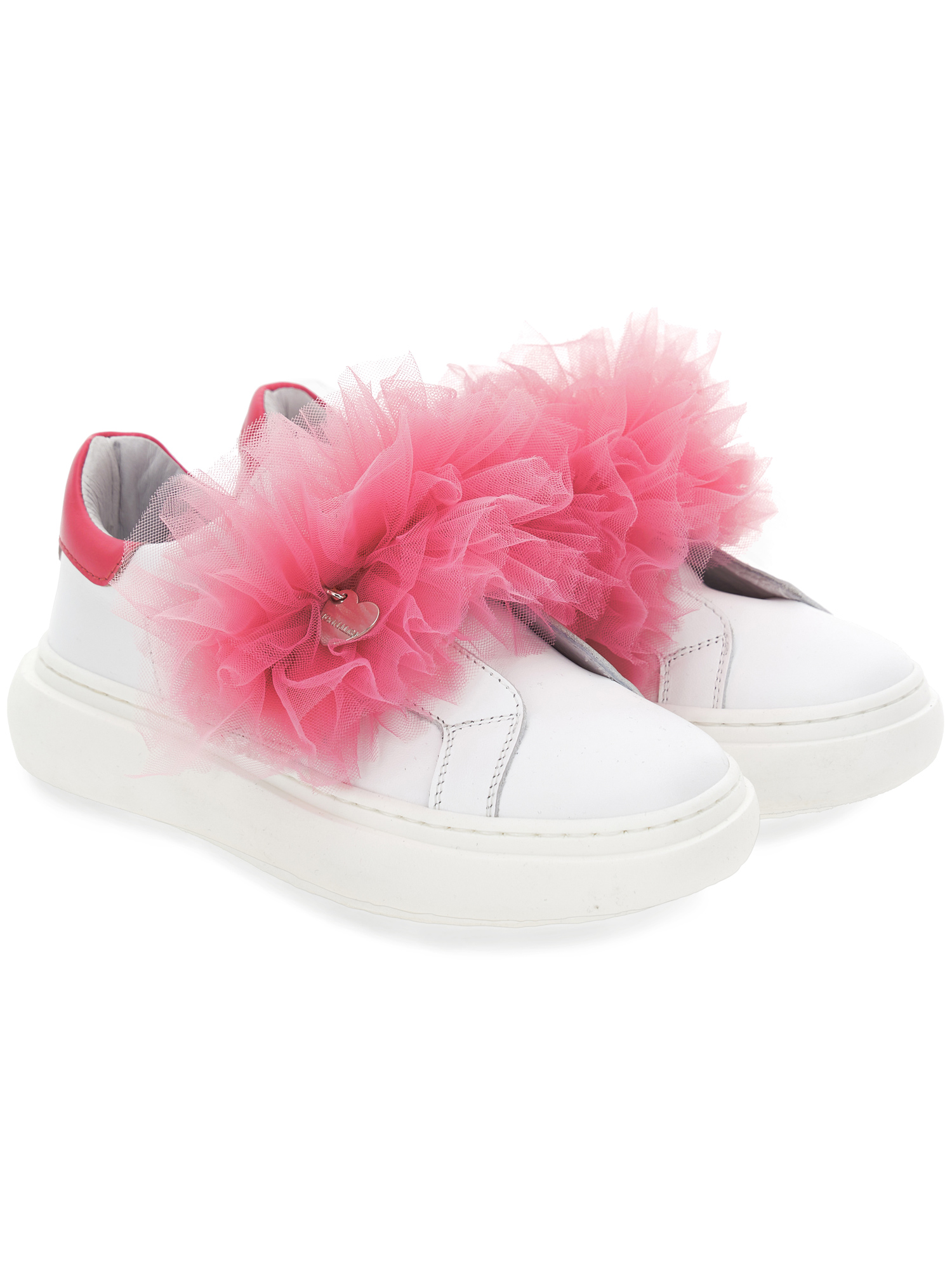 Monnalisa Nappa Leather And Tulle Sneakers In White + Cherry Red