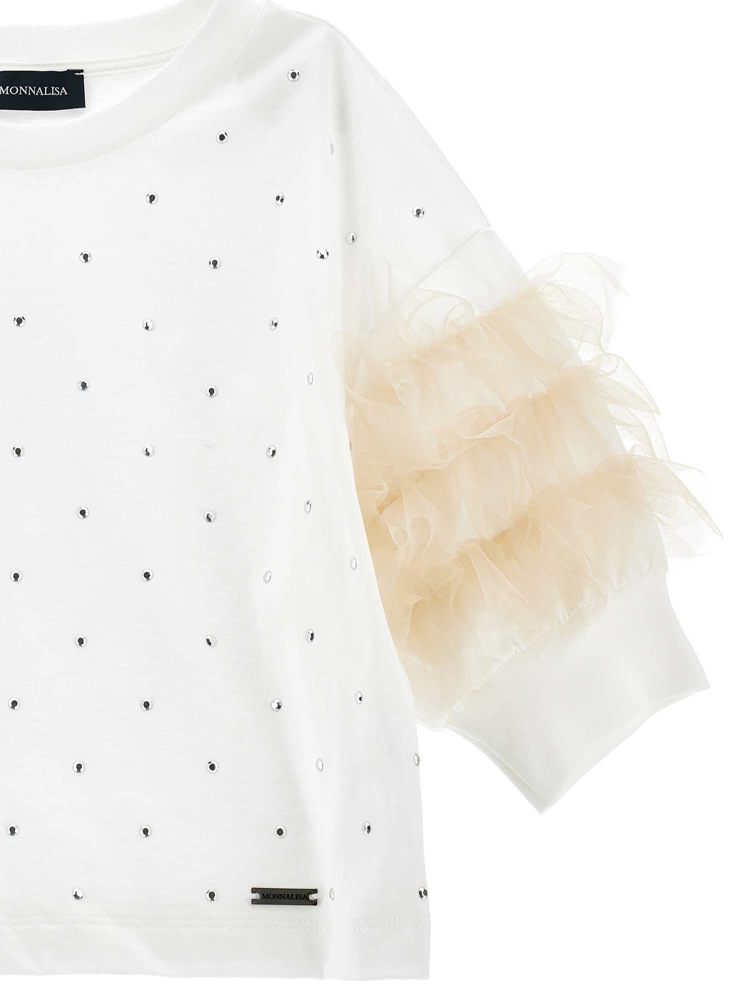 Monnalisa Rhinestone And Tulle Jersey Top In White