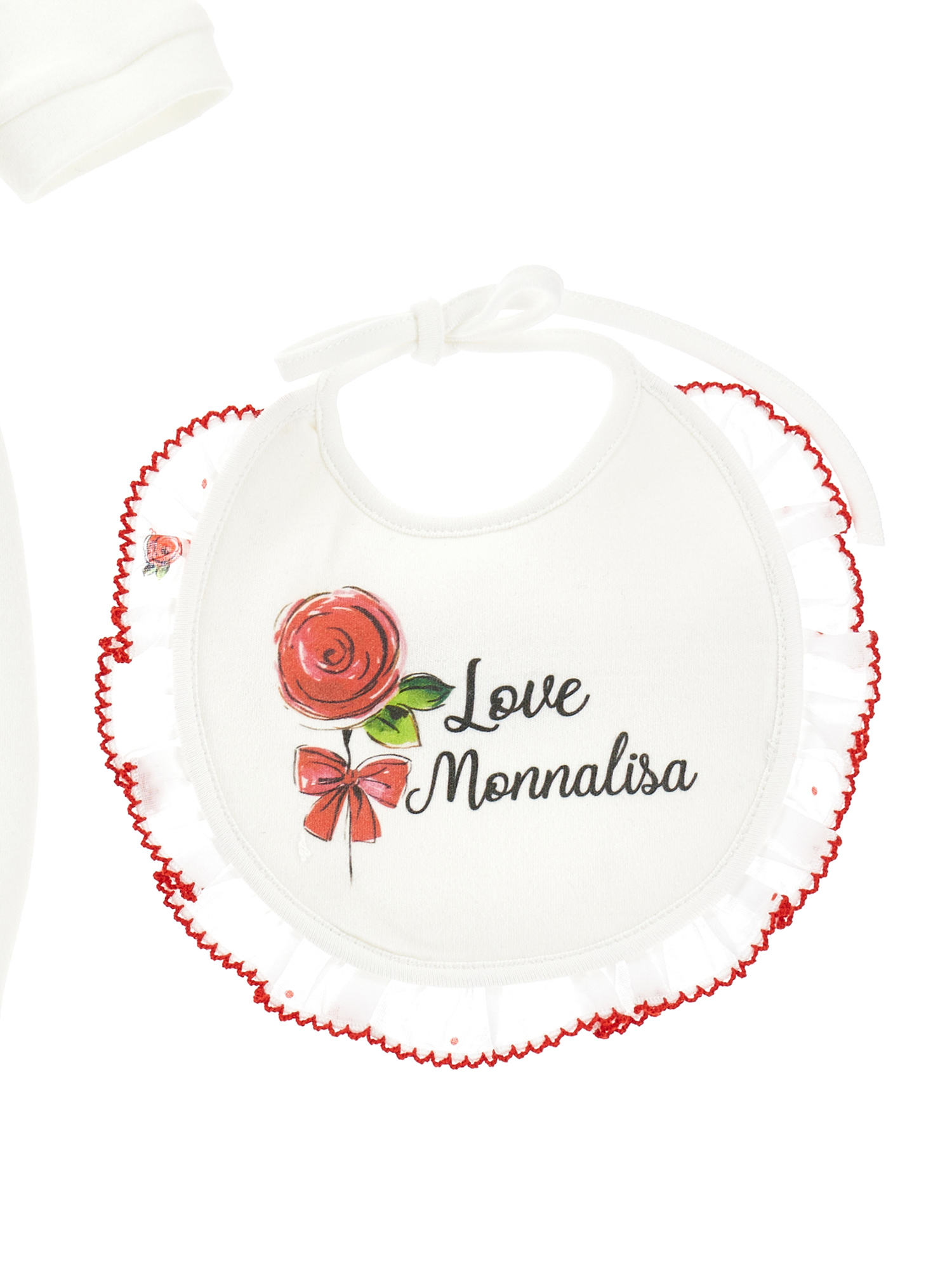 Monnalisa Three-piece Set With Rose In Cream + Ruby Red