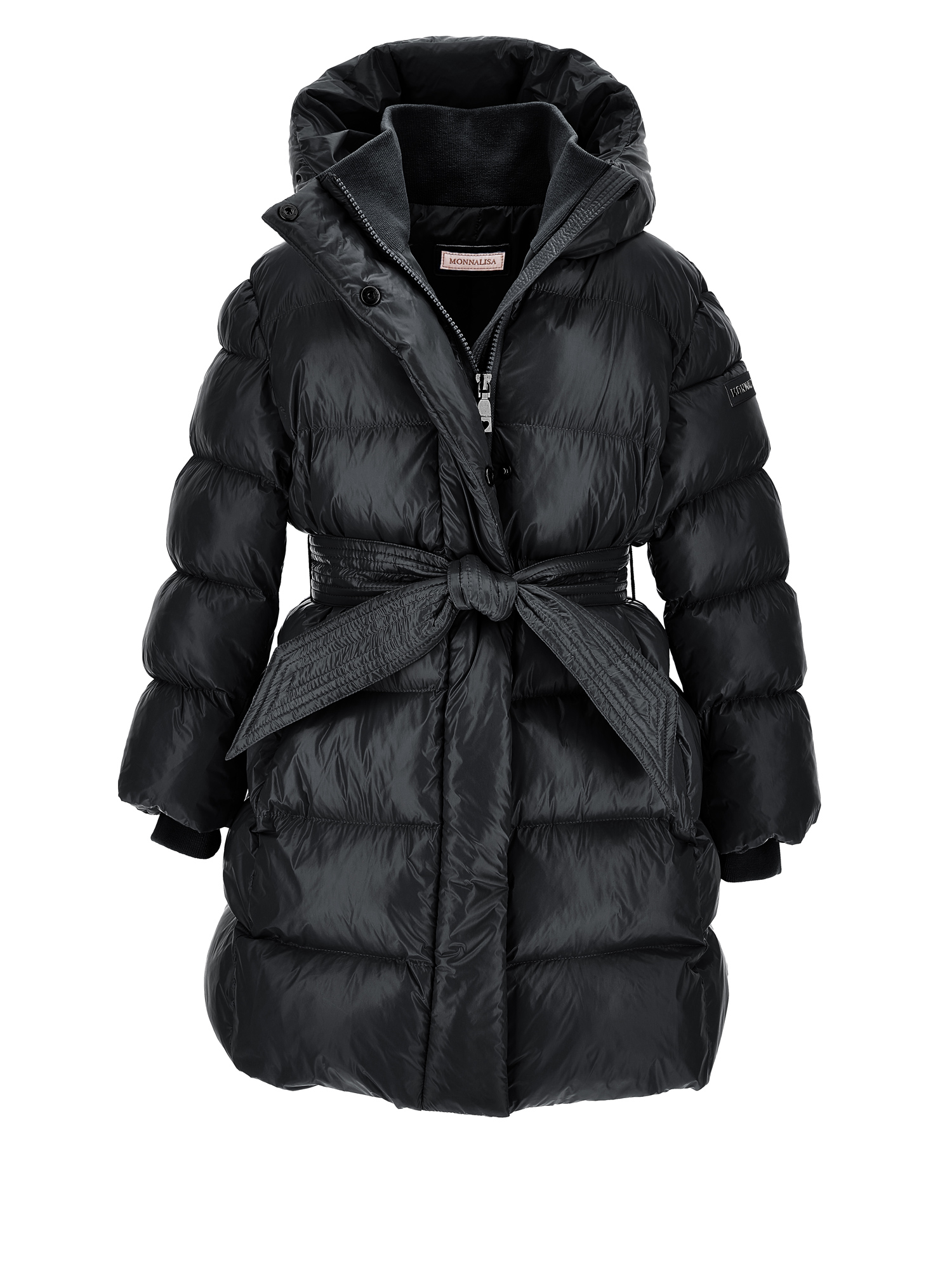 Monnalisa Padded Coat With Ribbon Belt In Black