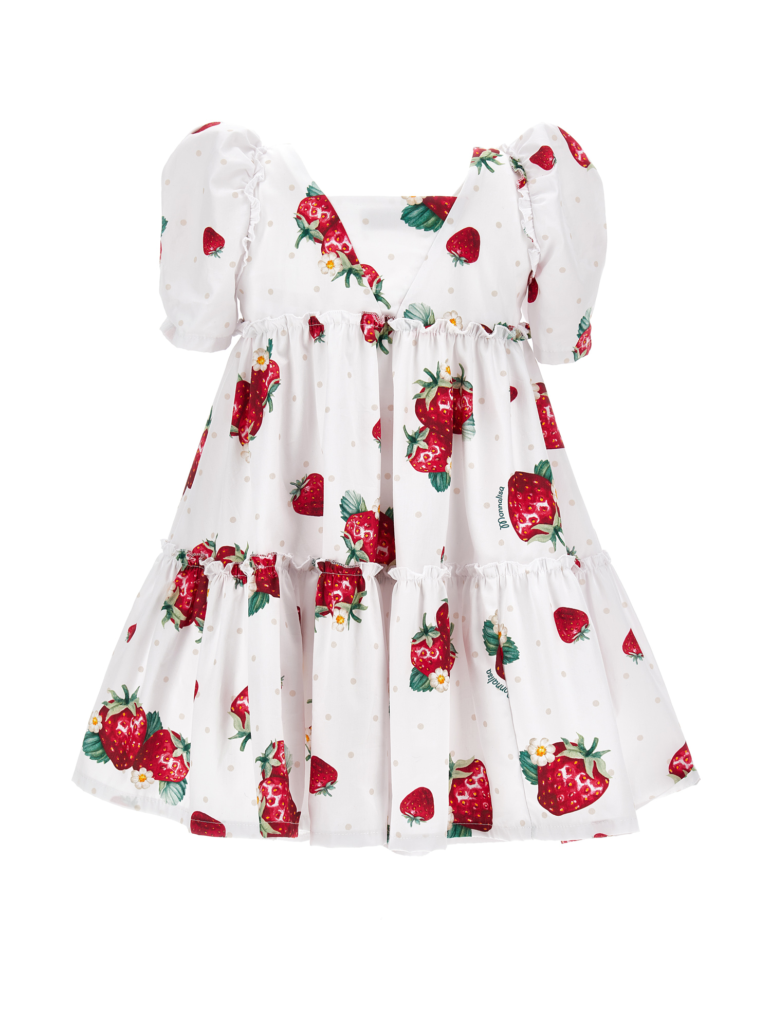 Monnalisa Poplin Dress With Strawberry And Polka Dot Print In White + Red