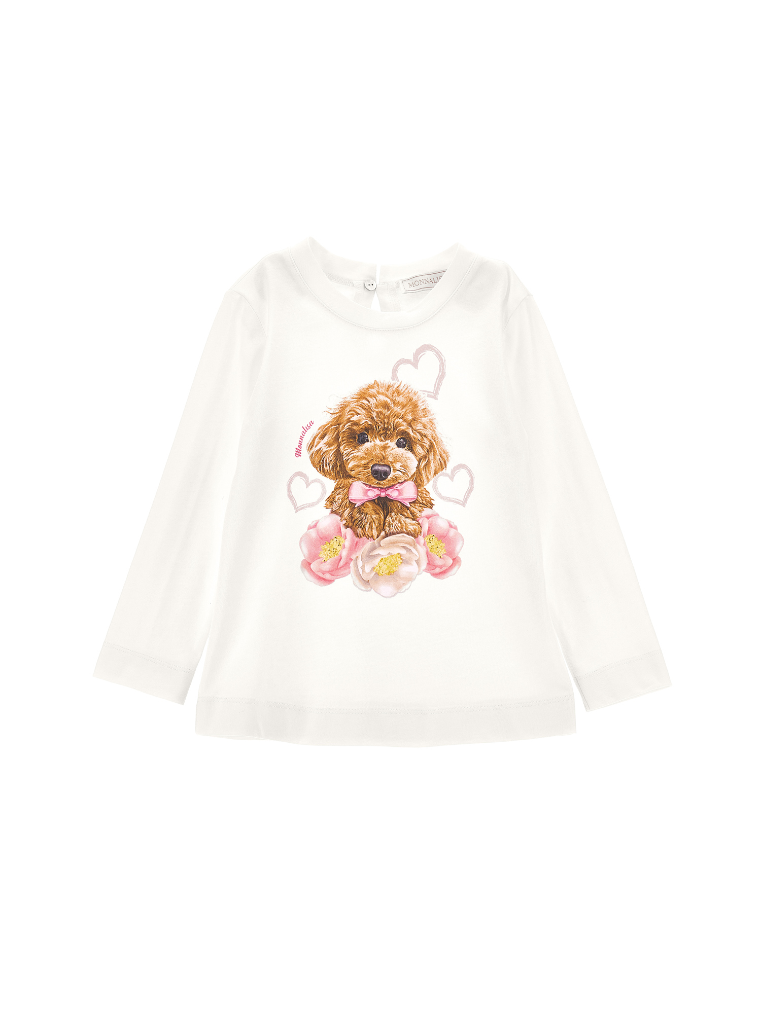 Monnalisa Kids'   Poodle And Anemone Print Cotton T-shirt In Cream