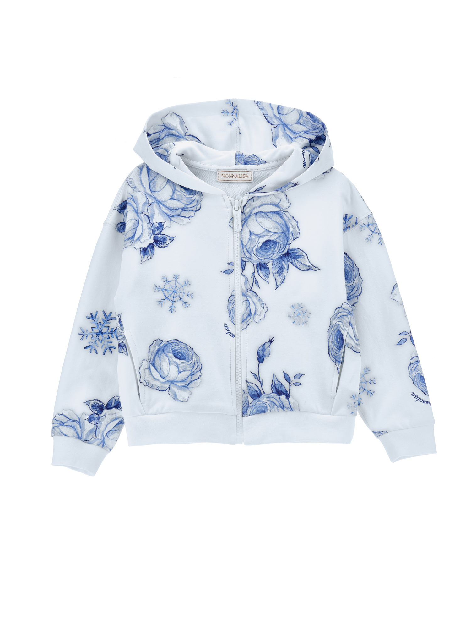 Monnalisa Ice Rose Zip-up Hoodie In Cloud + Navy Blue