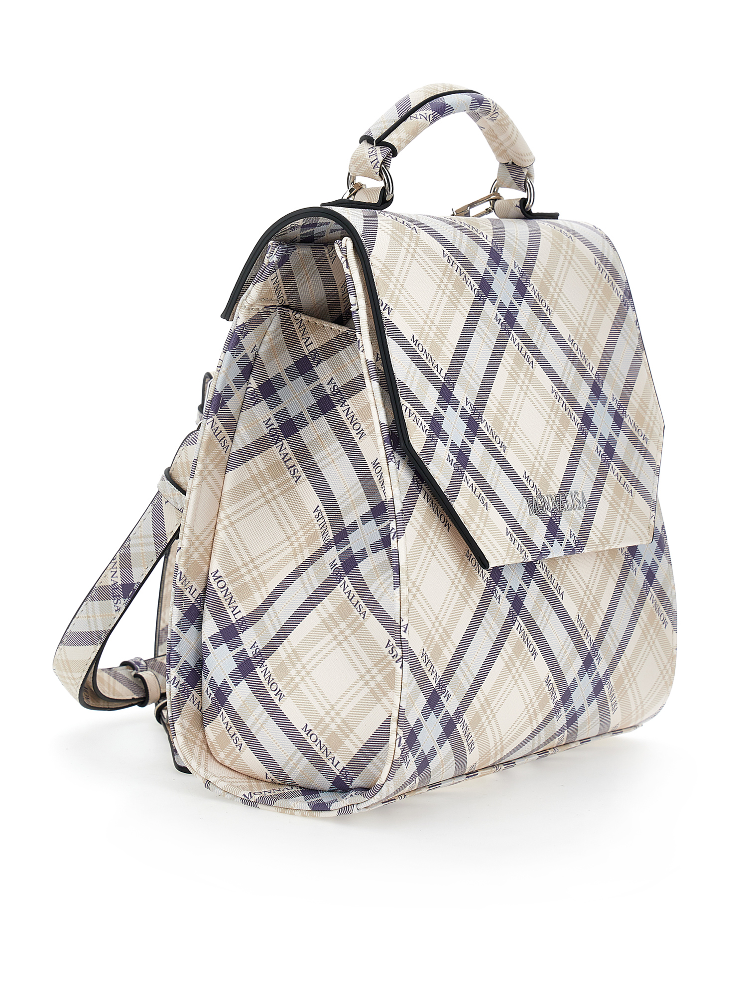 Monnalisa Tartan Fabric Backpack In Light Grey + Camel