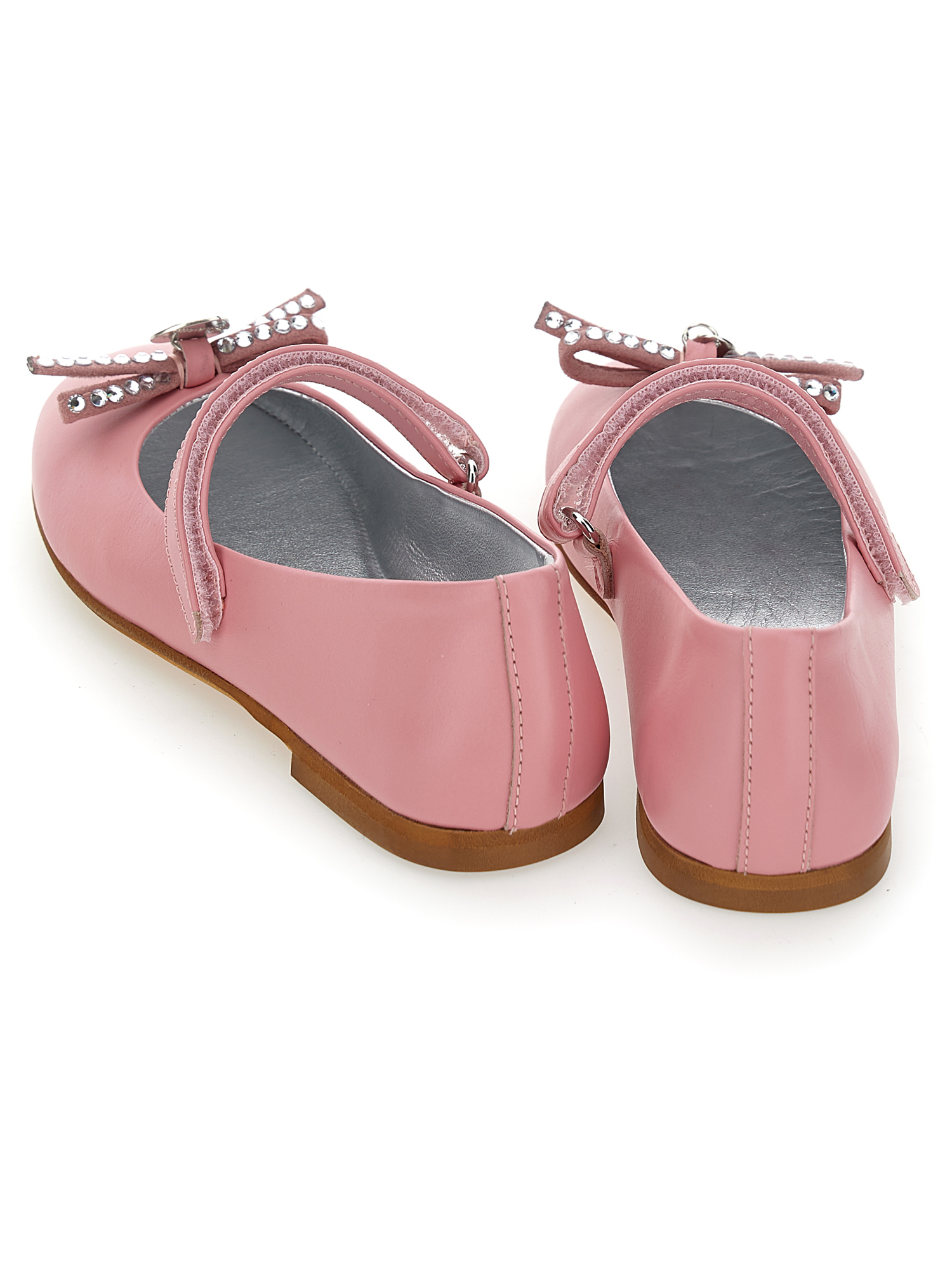 Monnalisa Leather Ballet Flats With Rhinestone Bow In Rosa Fairy Tale