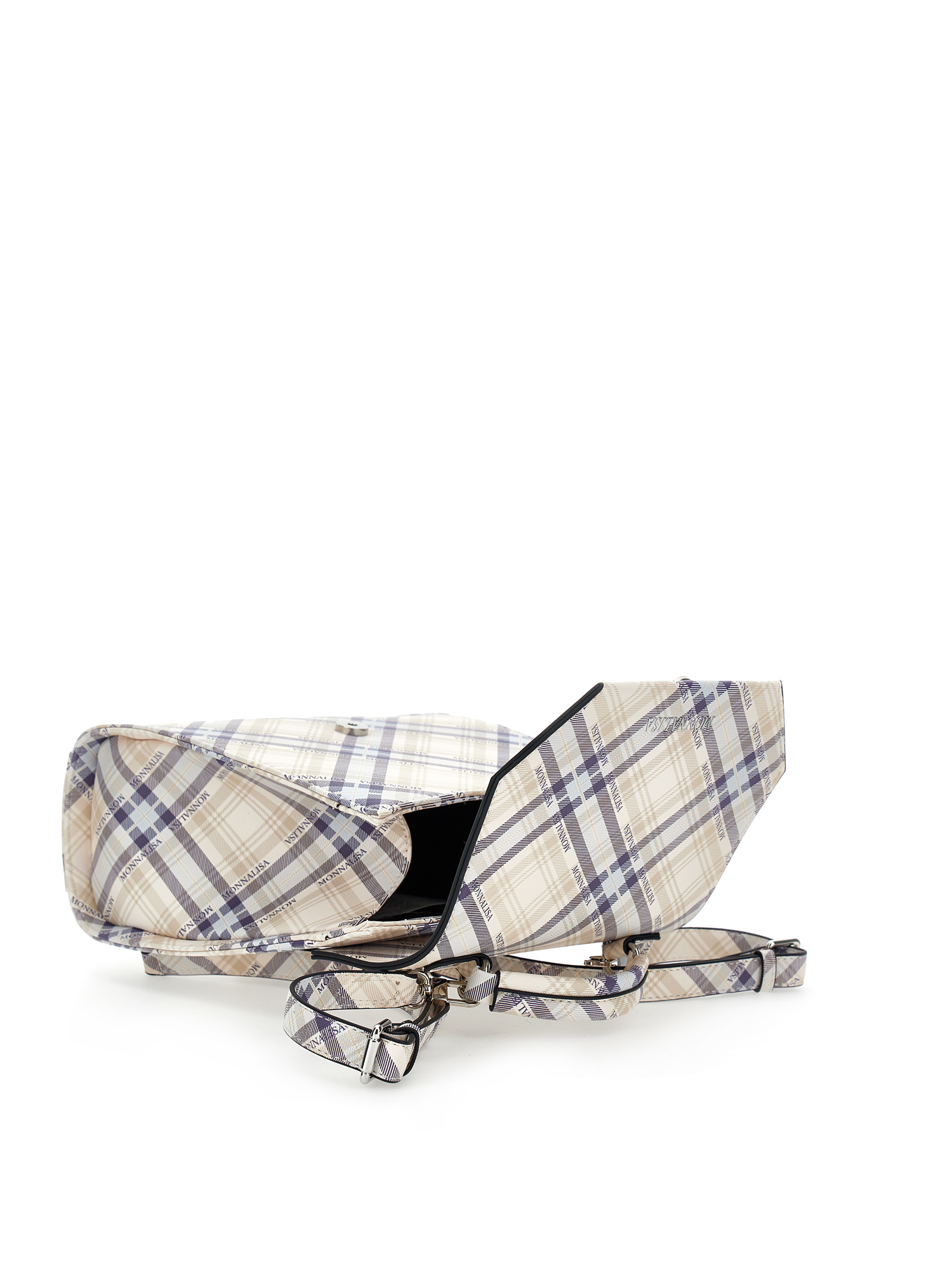 Monnalisa Tartan Fabric Backpack In Light Grey + Camel