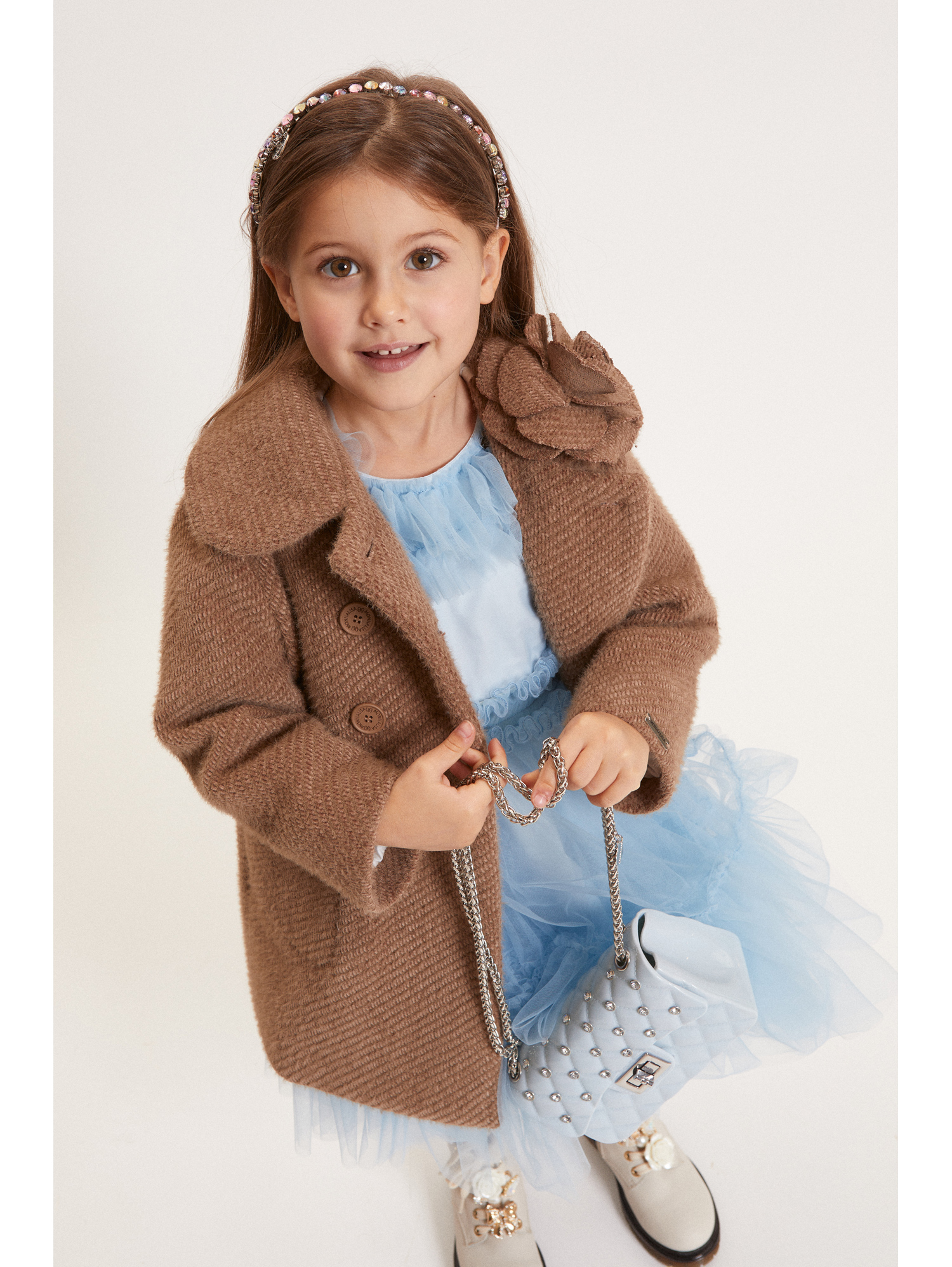Monnalisa Double-breasted Flower Coat In Brown