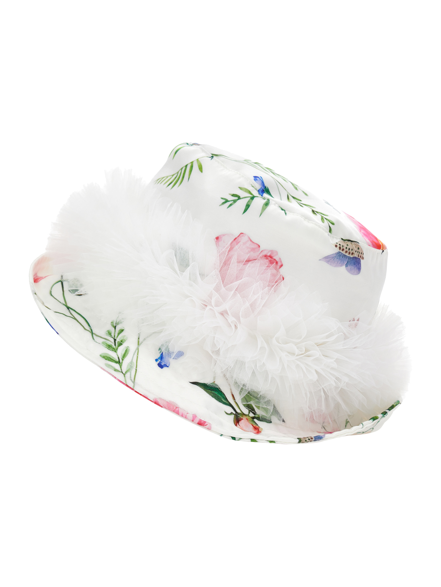 Monnalisa Satin Hat With Ruffles In Cream + Multicolor